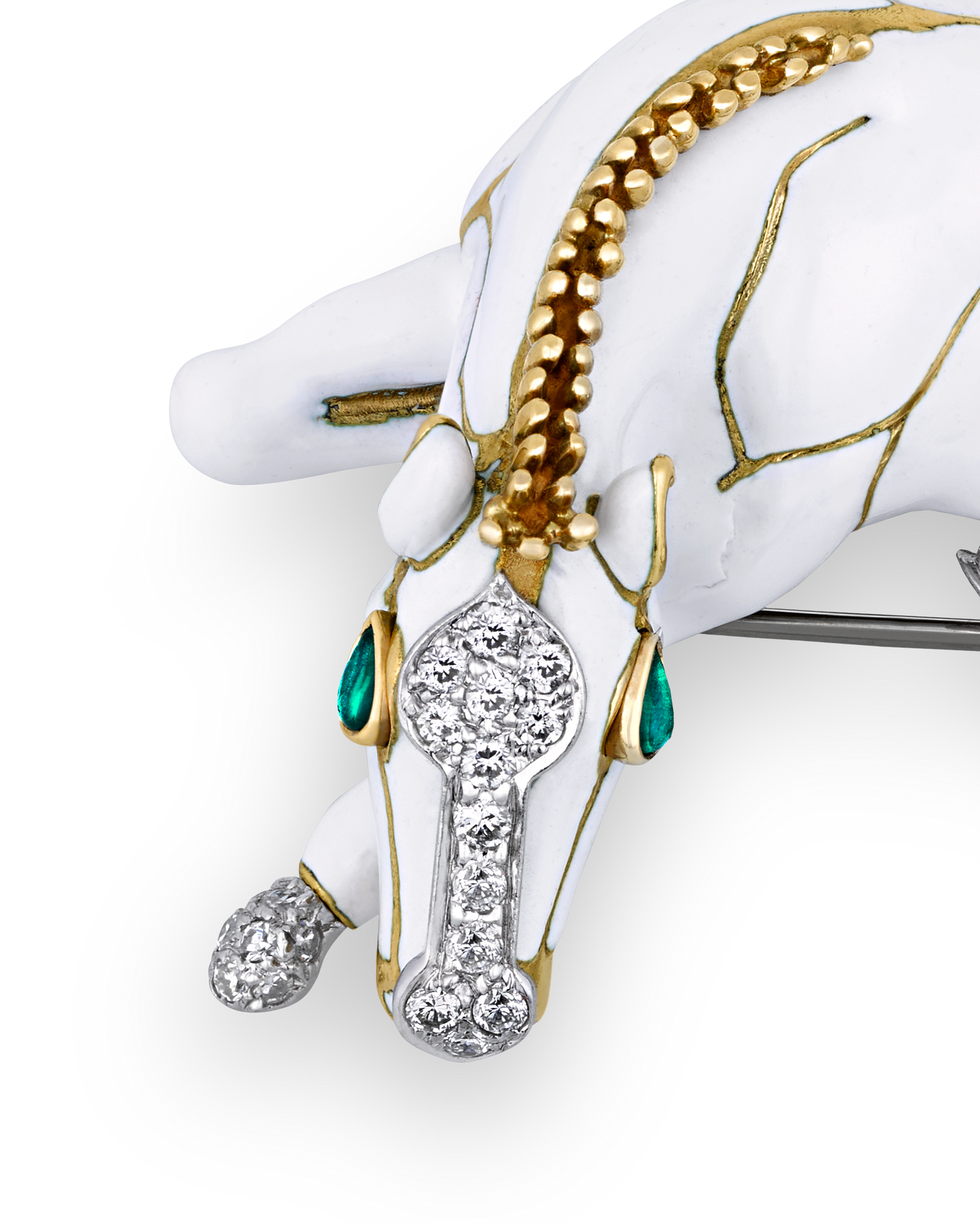 David Webb White Enamel, Pavé Diamond and Emerald Horse Brooch