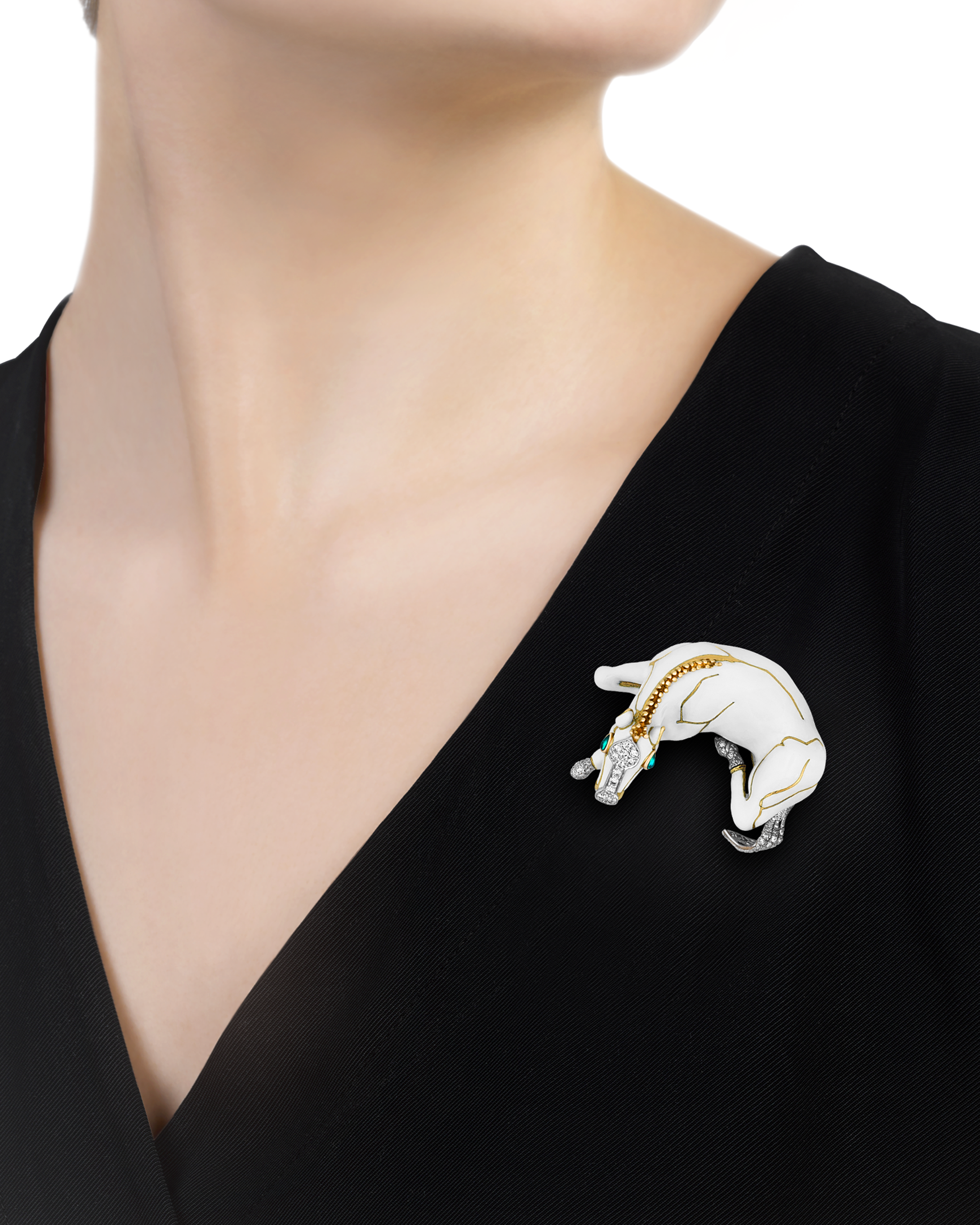 David Webb White Enamel, Pavé Diamond and Emerald Horse Brooch