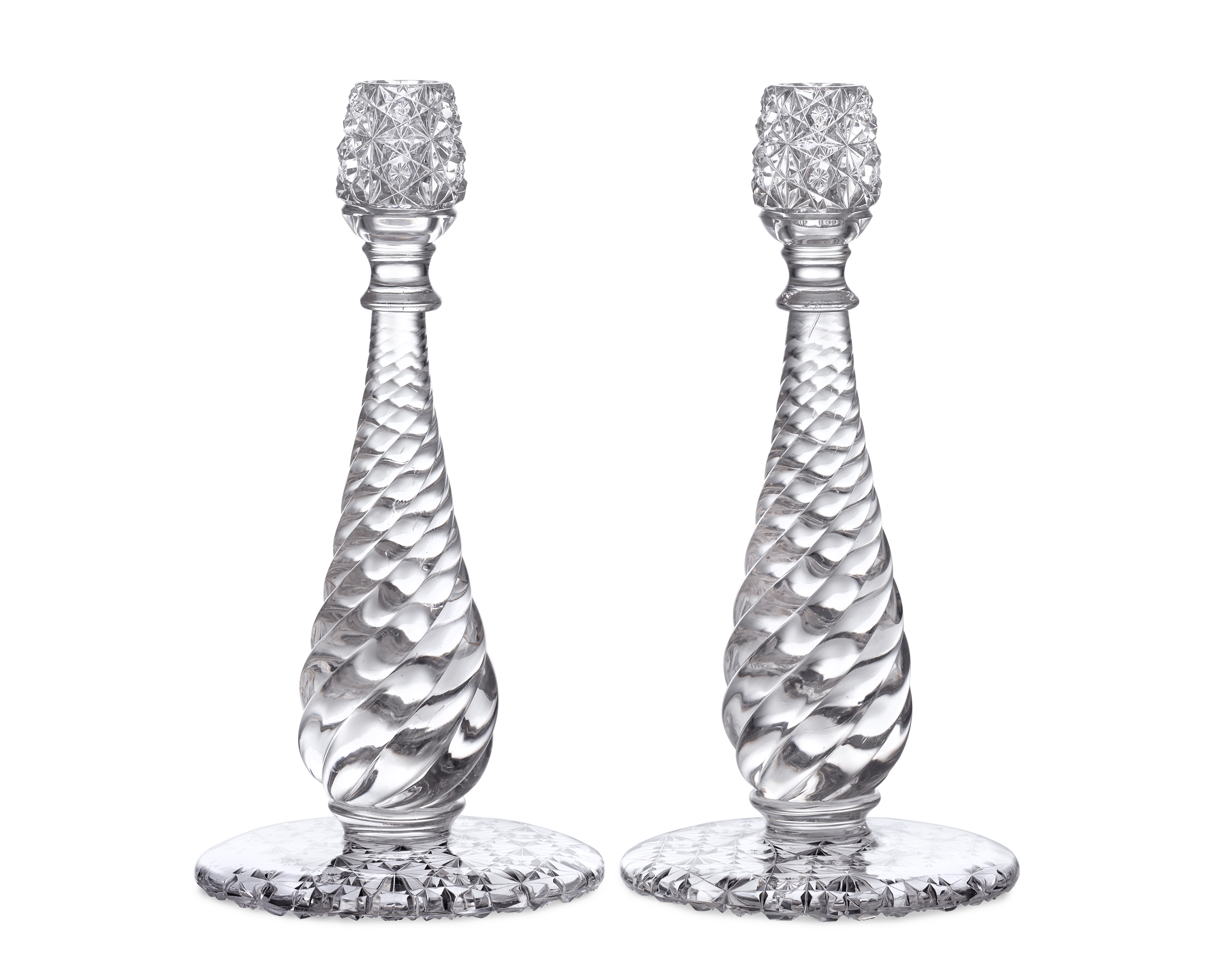 Russian and Swirl Pattern Cut Glass Candlesticks