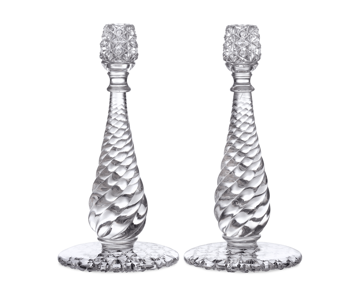 Russian and Swirl Pattern Cut Glass Candlesticks