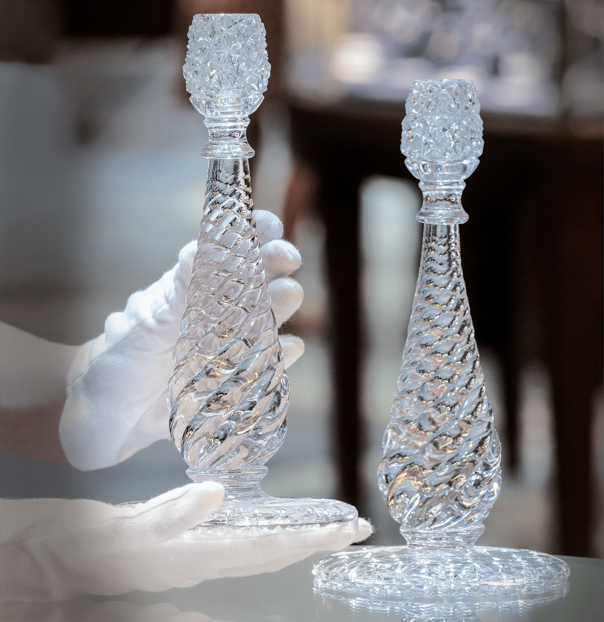 Russian and Swirl Pattern Cut Glass Candlesticks