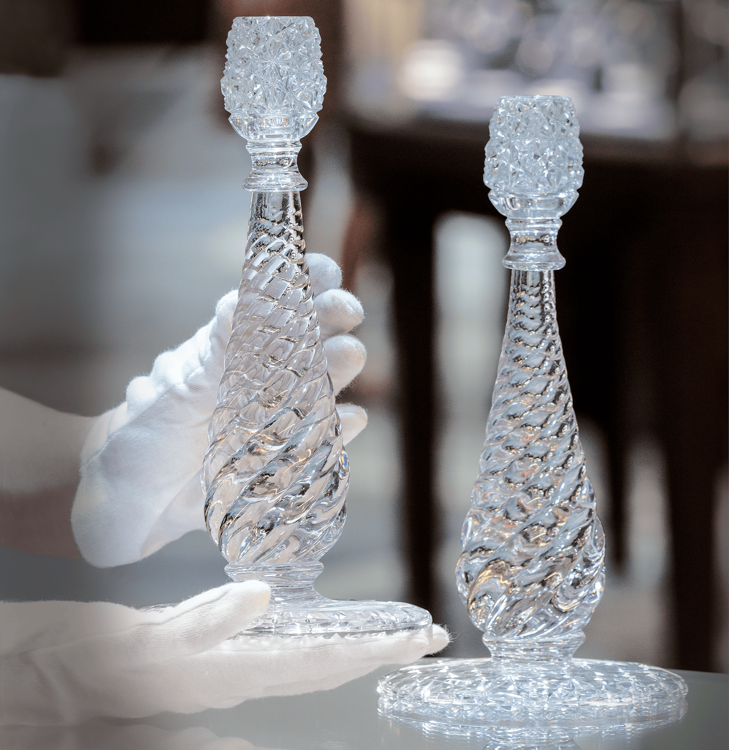 Russian and Swirl Pattern Cut Glass Candlesticks