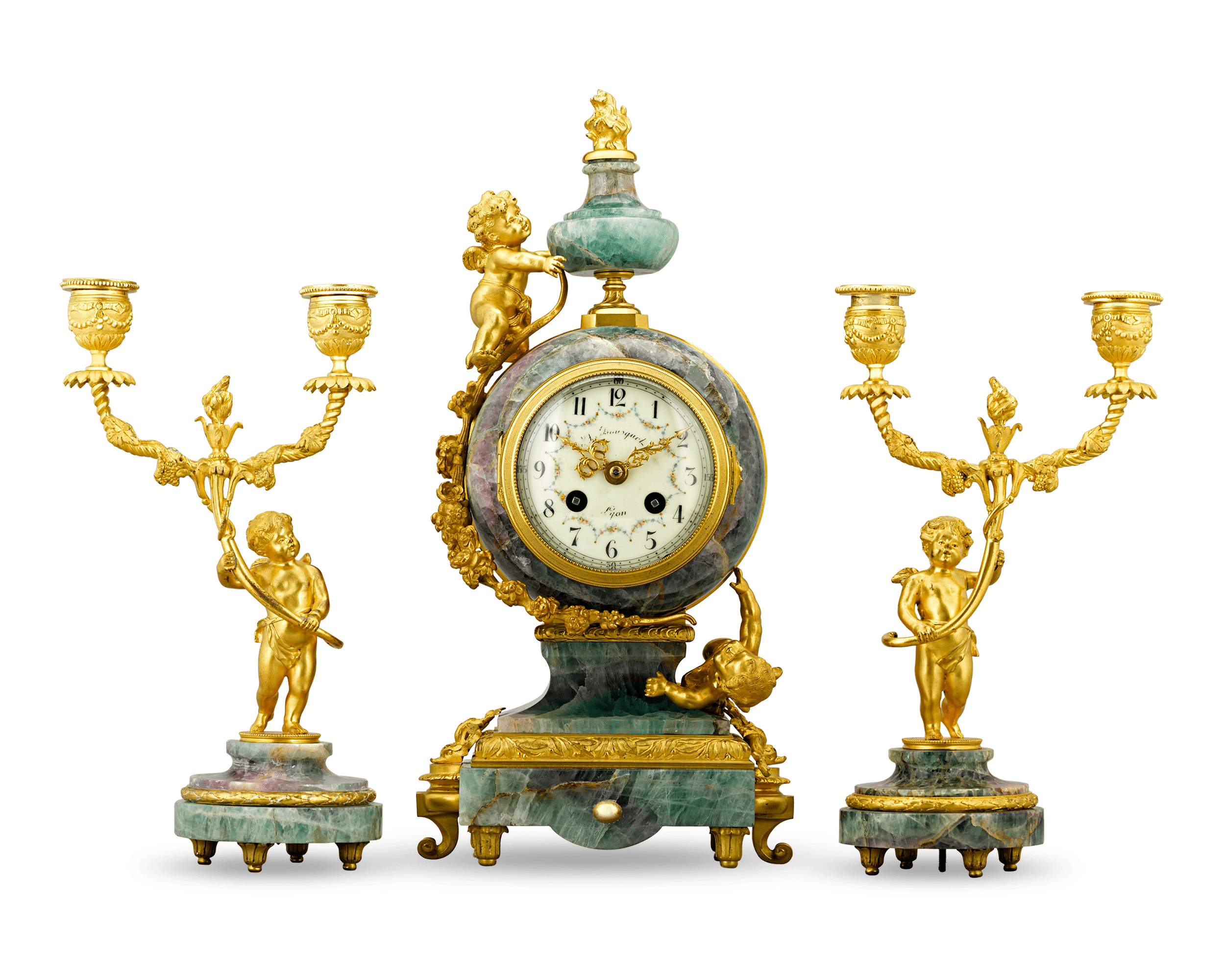 French Fluorspar and Ormolu Clock Garniture