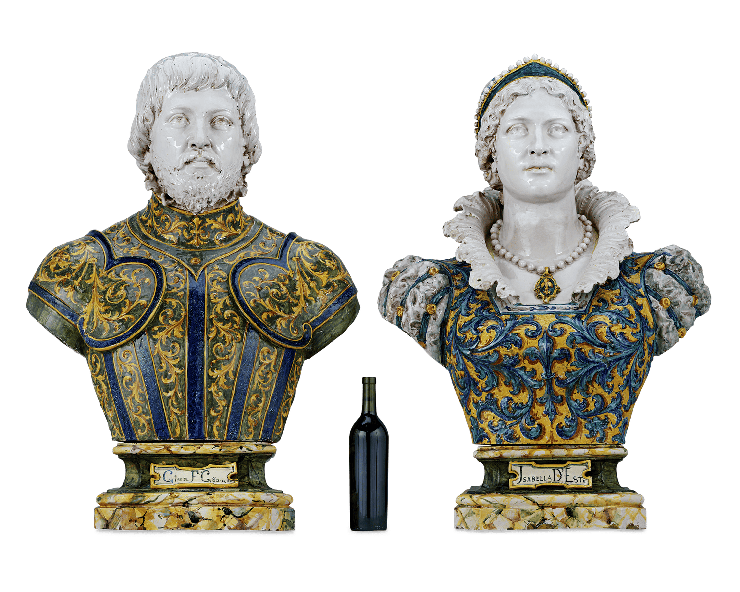 Isabella d'Este and Francesco II Gonzaga Majolica Busts by Angelo Minghetti