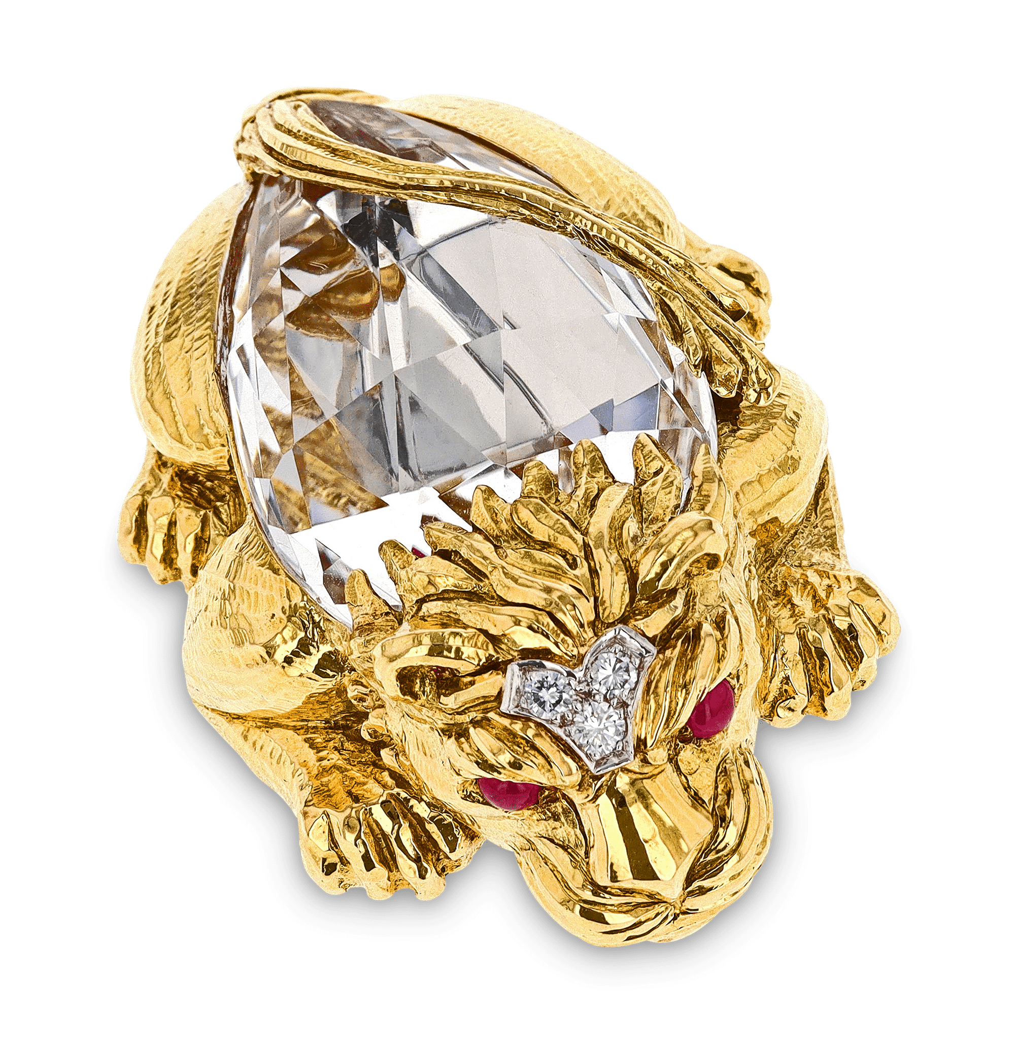 David Webb Crystal and Gold Lion Brooch