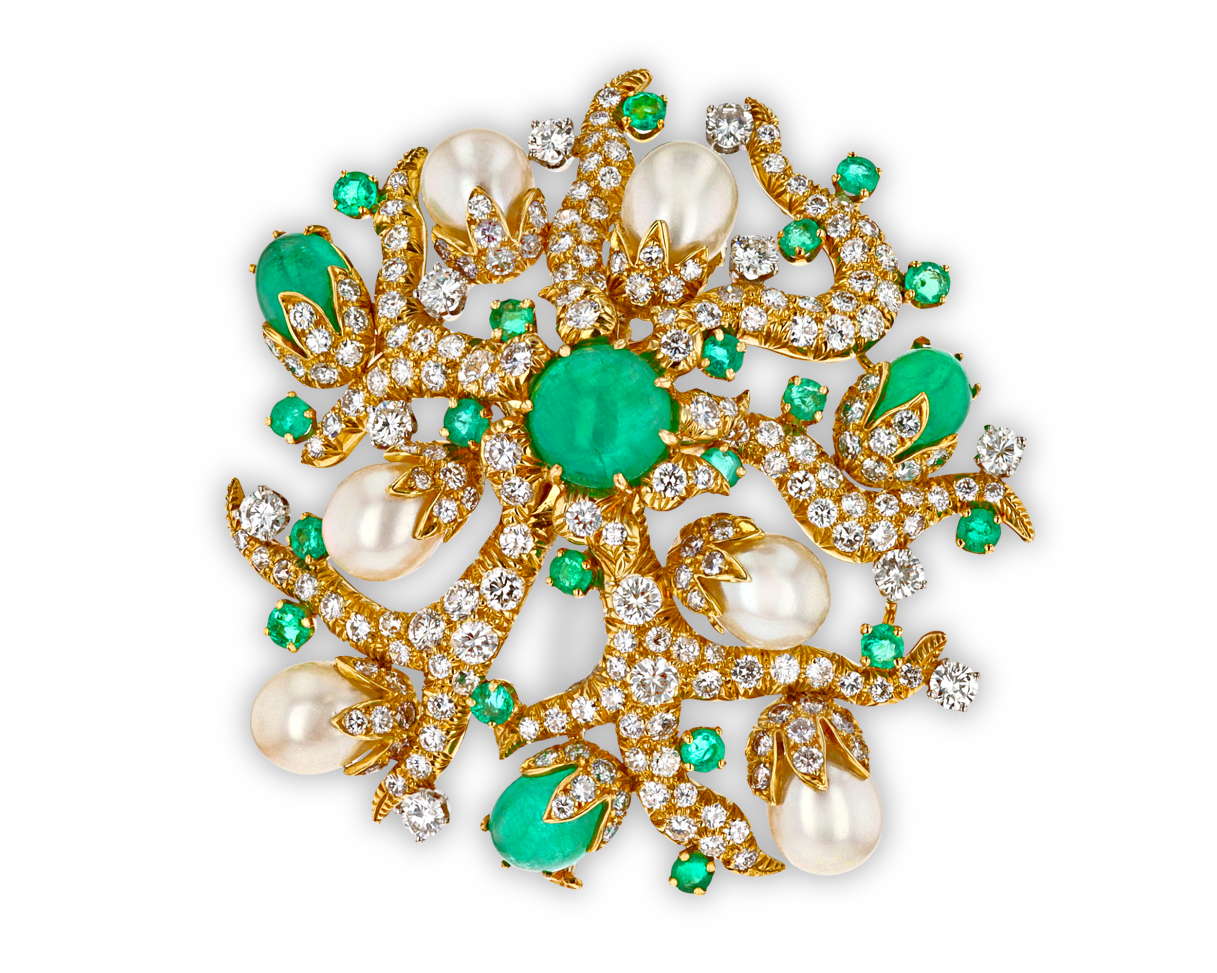 David Webb Emerald, Diamond and Pearl Brooch