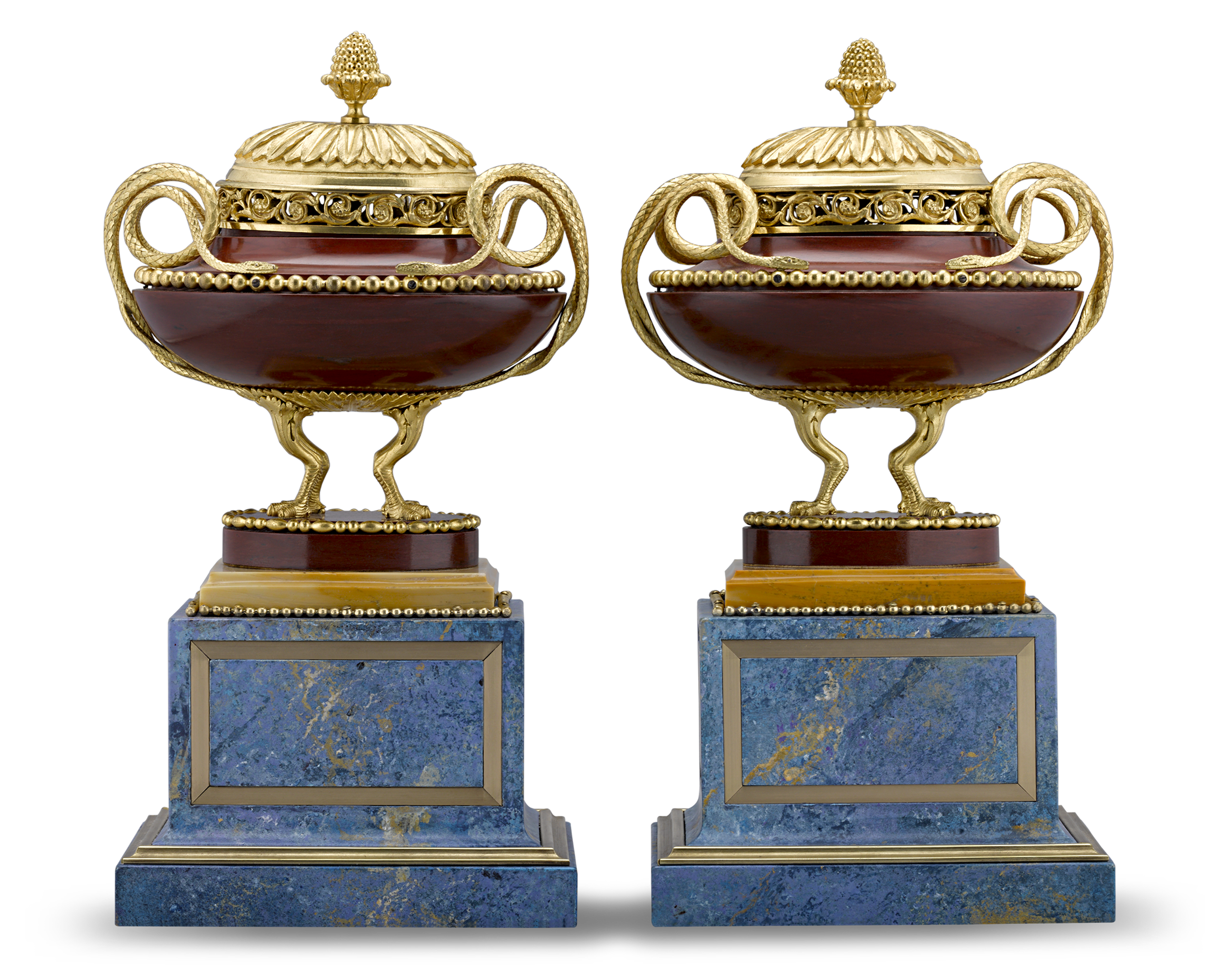 Rosso Antico Marble and Gilt Bronze Potpourri Vases