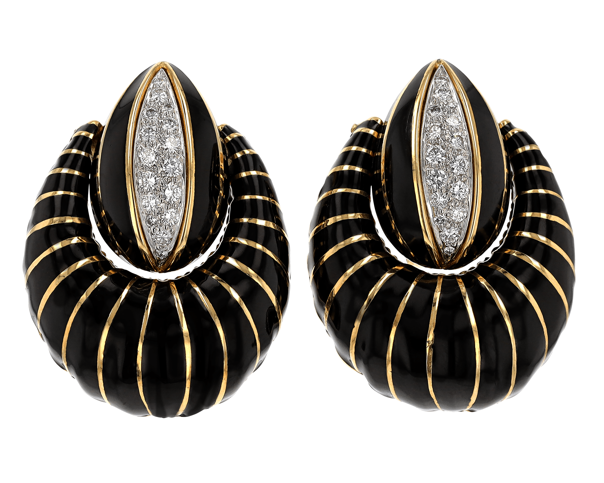 David Webb Black Enamel, Gold and Diamond Earrings