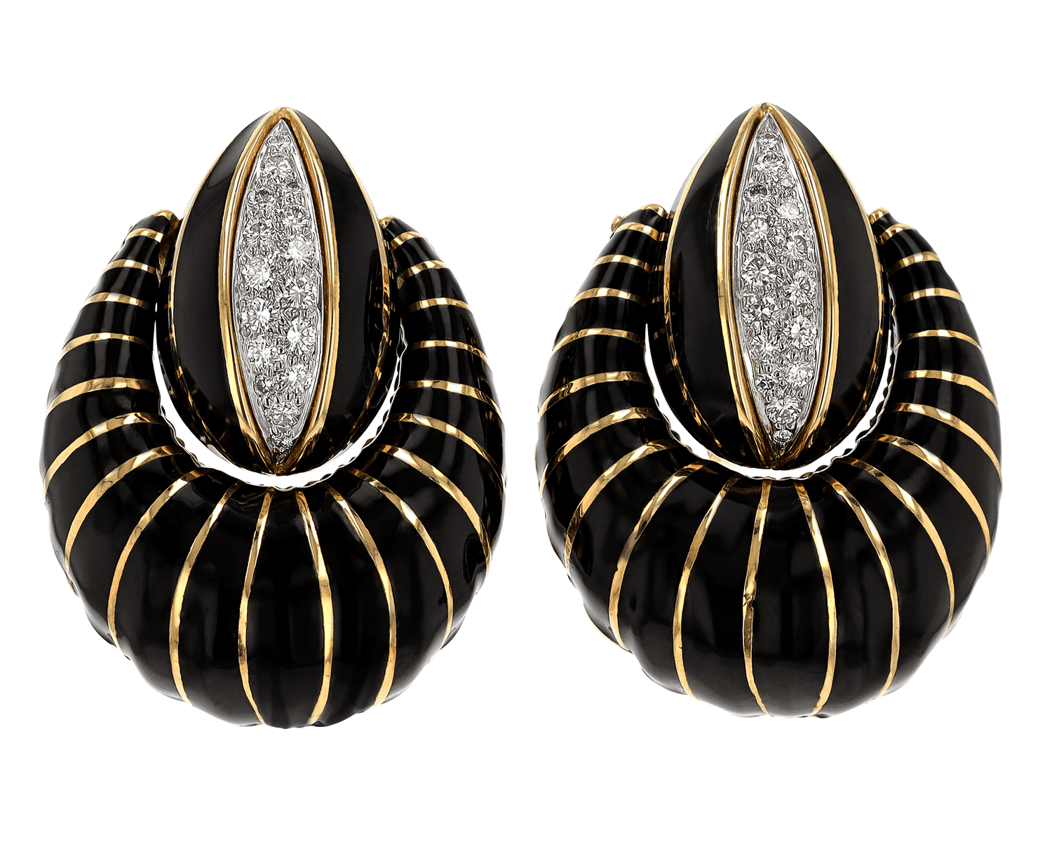 David Webb Black Enamel, Gold and Diamond Earrings