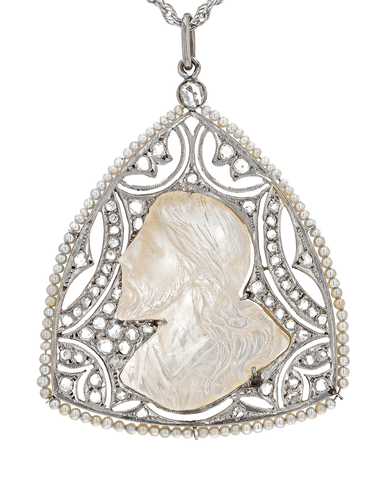 Edwardian Pearl, Diamond and Mother of Pearl Pendant Necklace