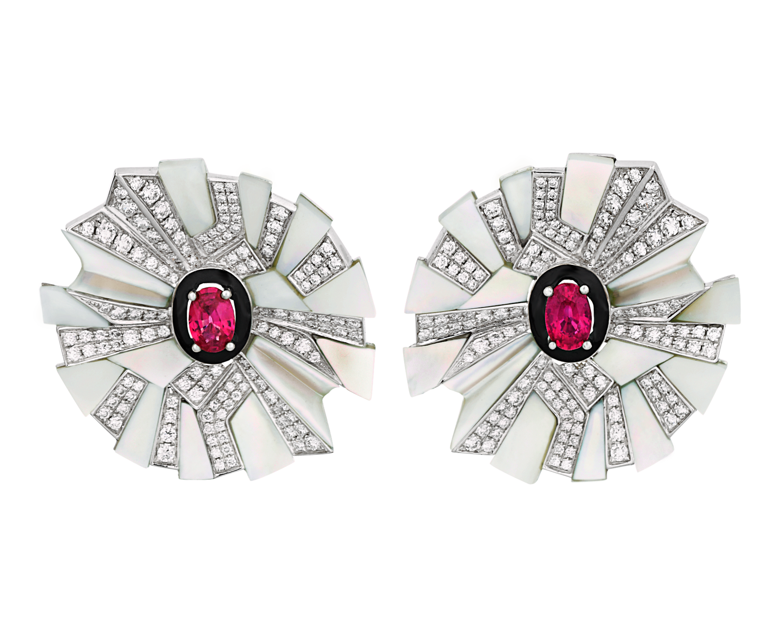 Ruby and Mother-of-Pearl Floral Earrings