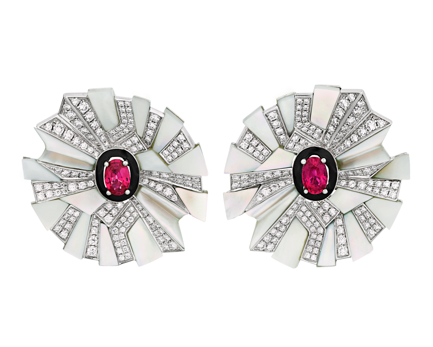 Ruby and Mother-of-Pearl Floral Earrings