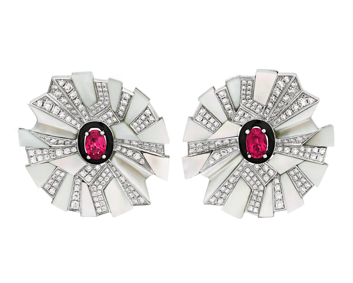 Ruby and Mother-of-Pearl Floral Earrings