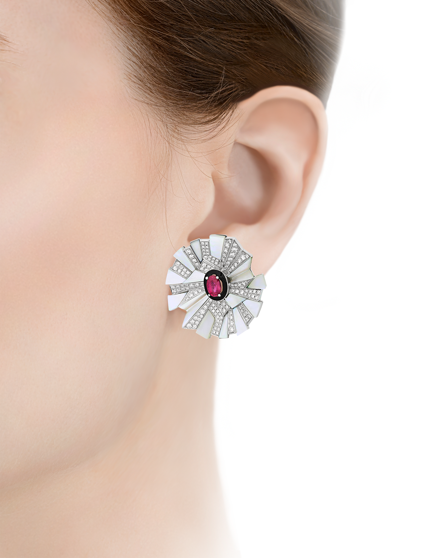 Ruby and Mother-of-Pearl Floral Earrings