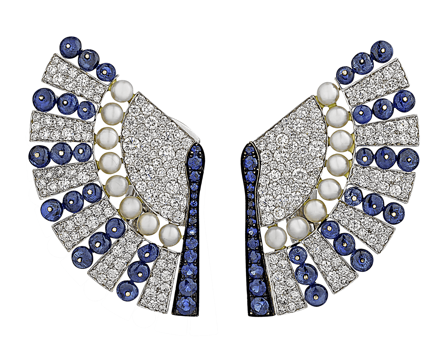 Sapphire, Diamond and Pearl Fan Earrings