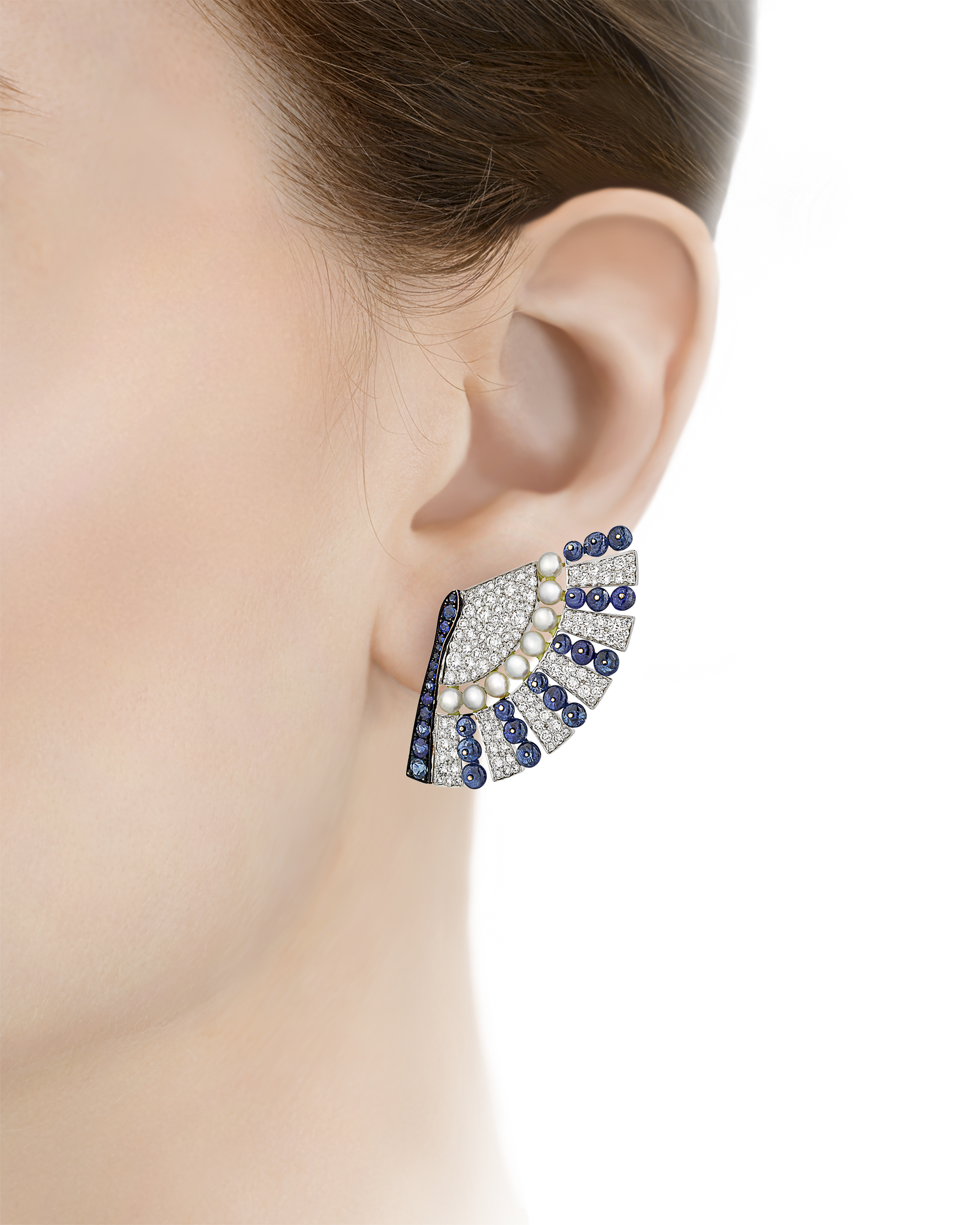 Sapphire, Diamond and Pearl Fan Earrings