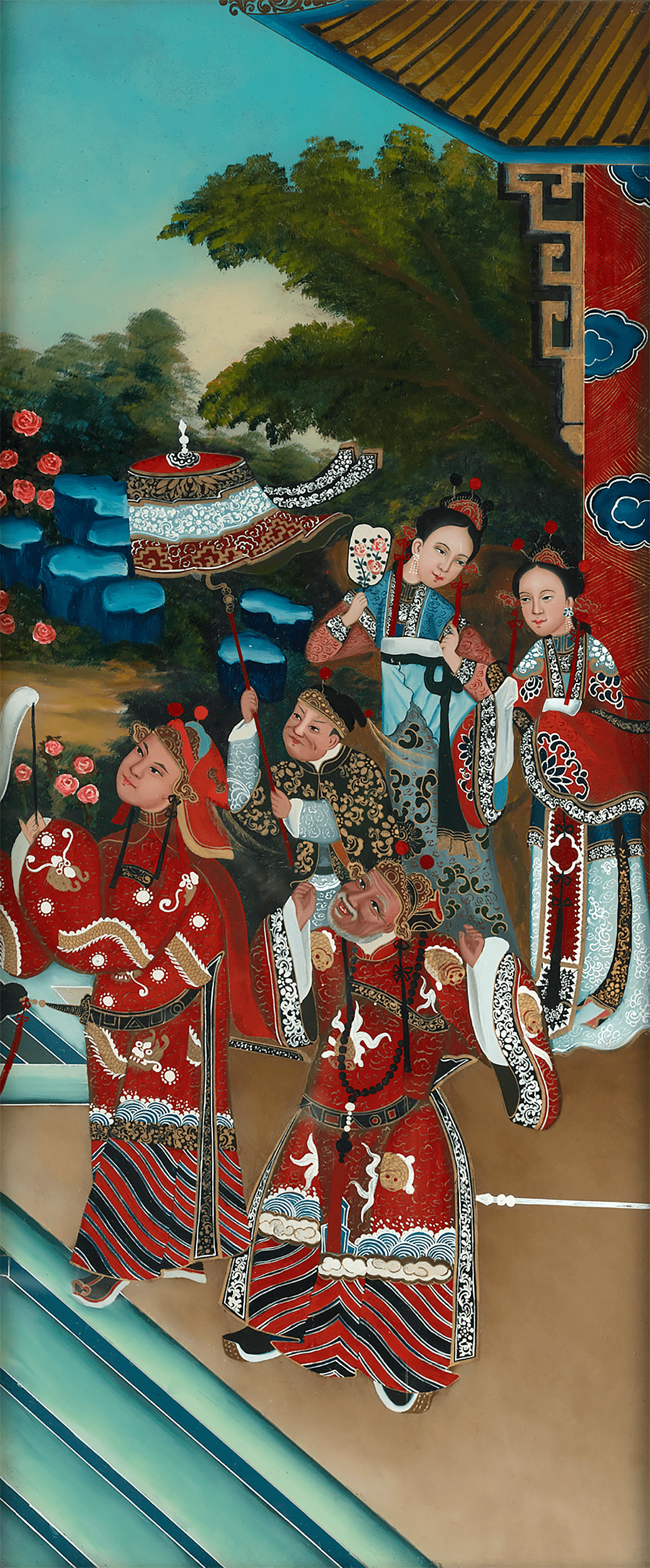 Qing Dynasty Reverse Glass Work - Five Figures in Procession