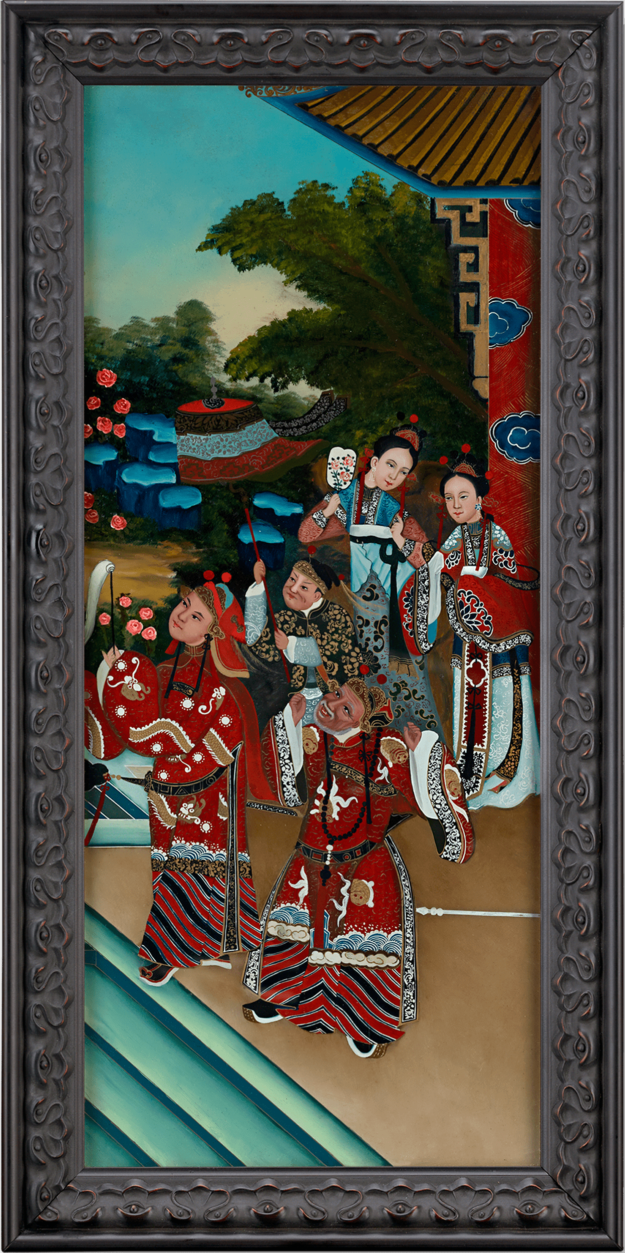 Qing Dynasty Reverse Glass Work - Five Figures in Procession