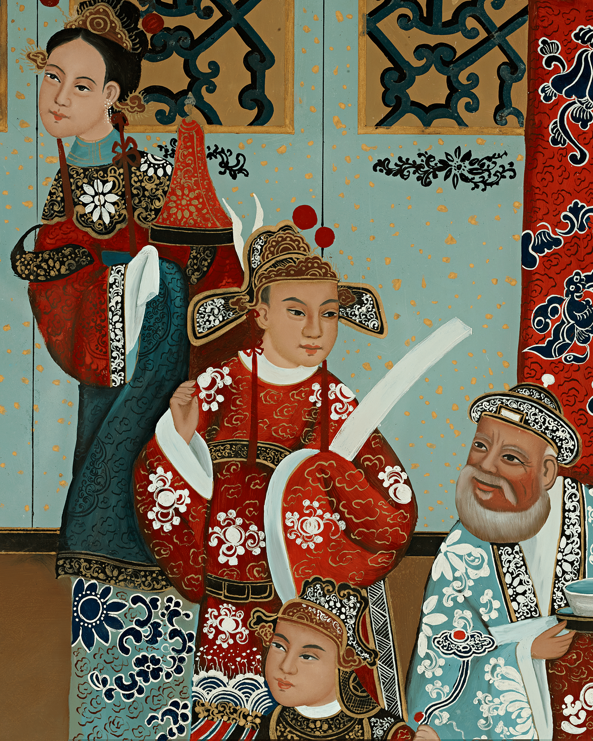 Qing Dynasty Reverse Glass Work - Four Figures in Procession