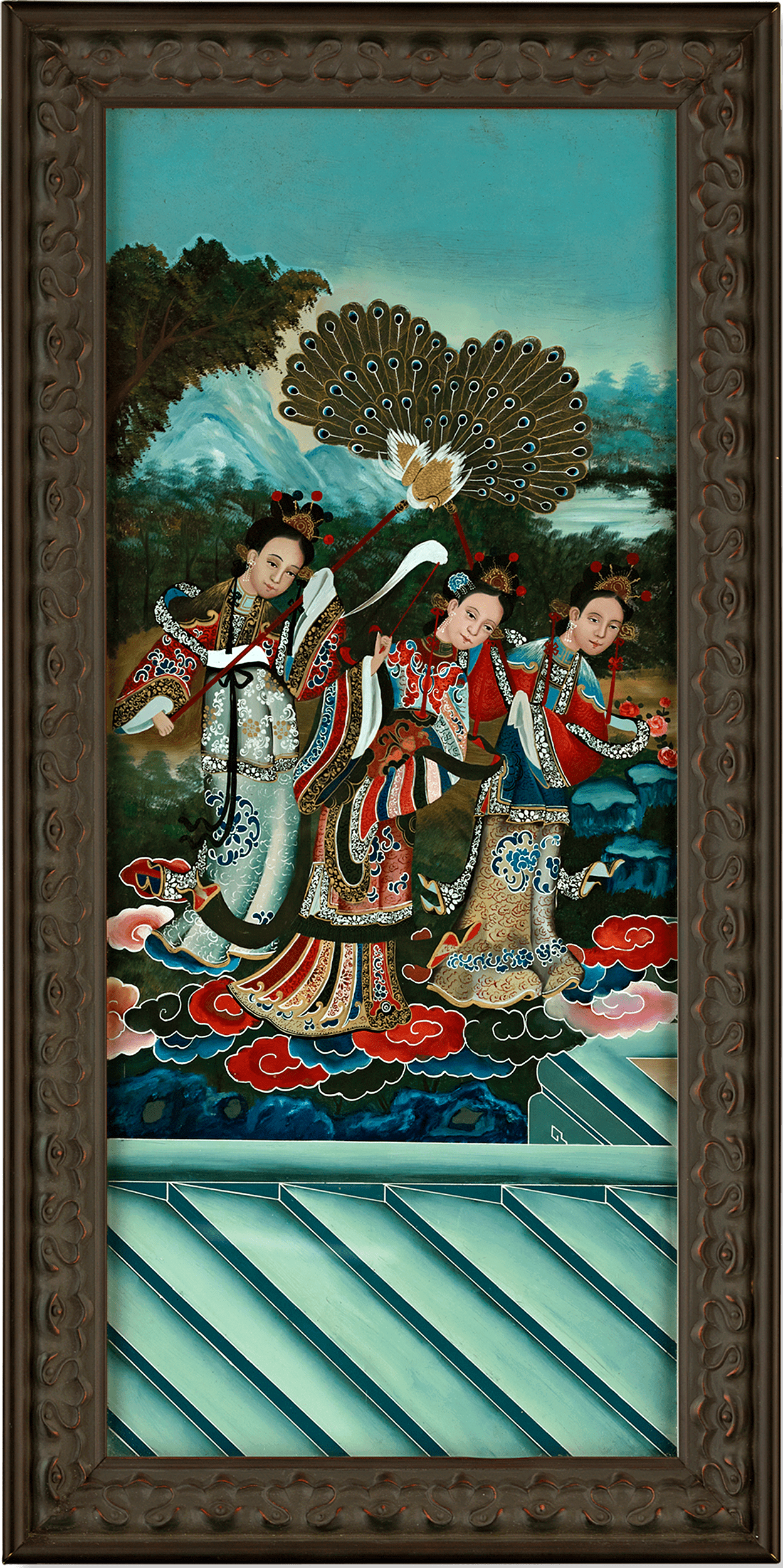 Qing Dynasty Reverse Glass Work - Three Figures with Peacock Fans