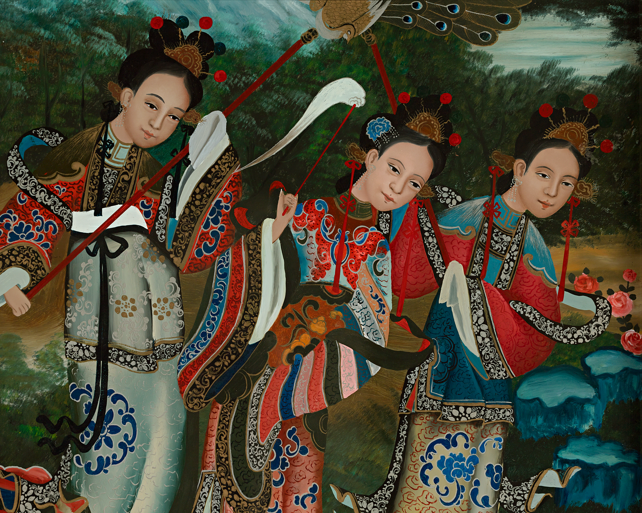Qing Dynasty Reverse Glass Work - Three Figures with Peacock Fans