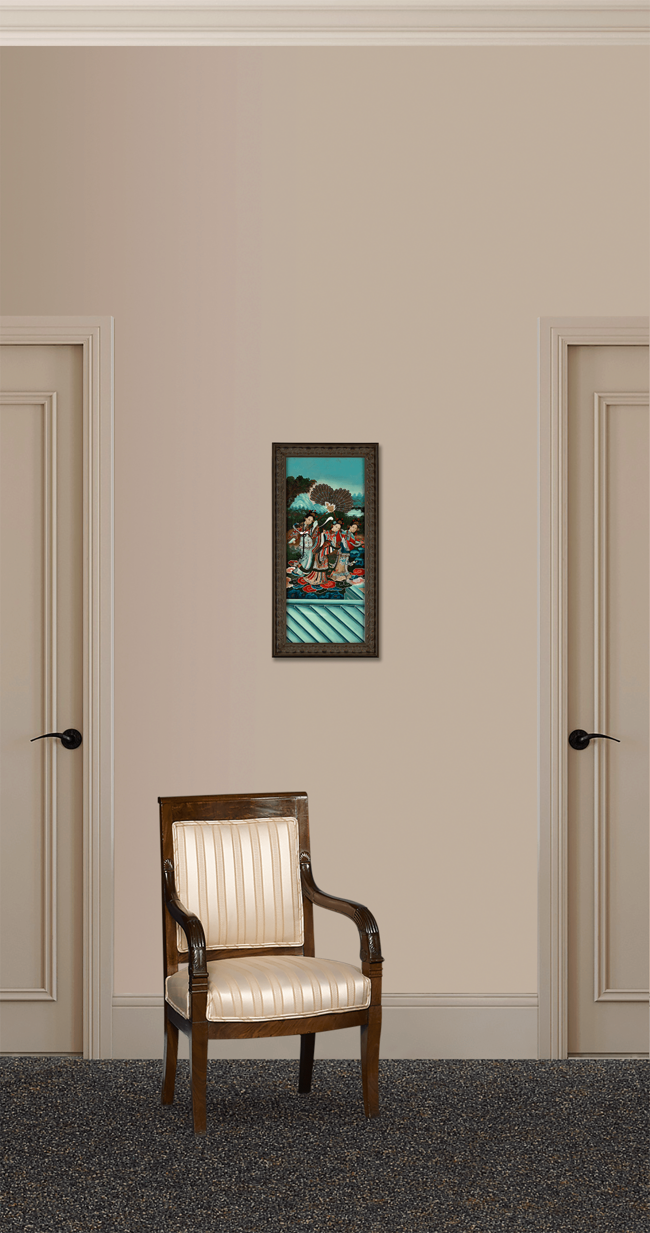 Qing Dynasty Reverse Glass Work - Three Figures with Peacock Fans