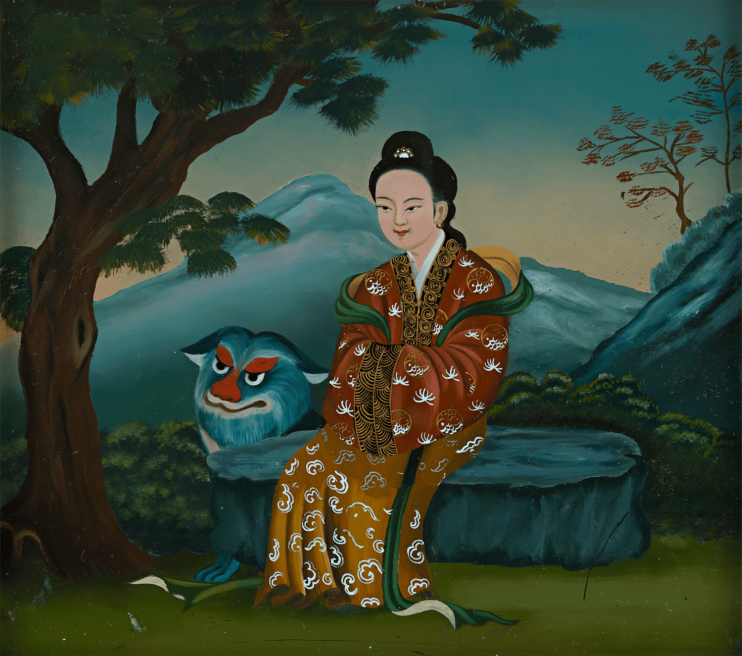 Qing Dynasty Reverse Glass Work - Seated Figure with Blue Creature