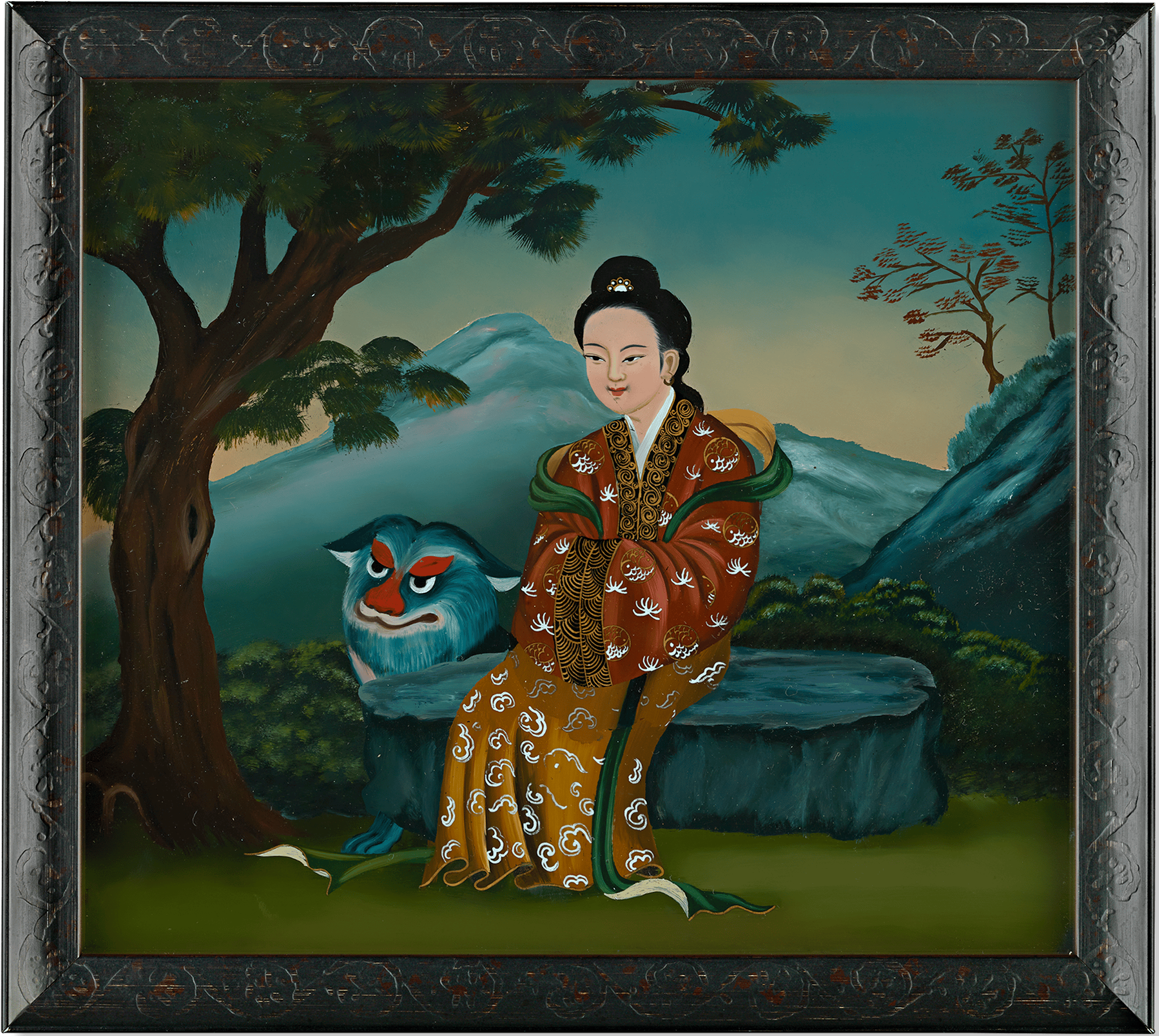Qing Dynasty Reverse Glass Work - Seated Figure with Blue Creature
