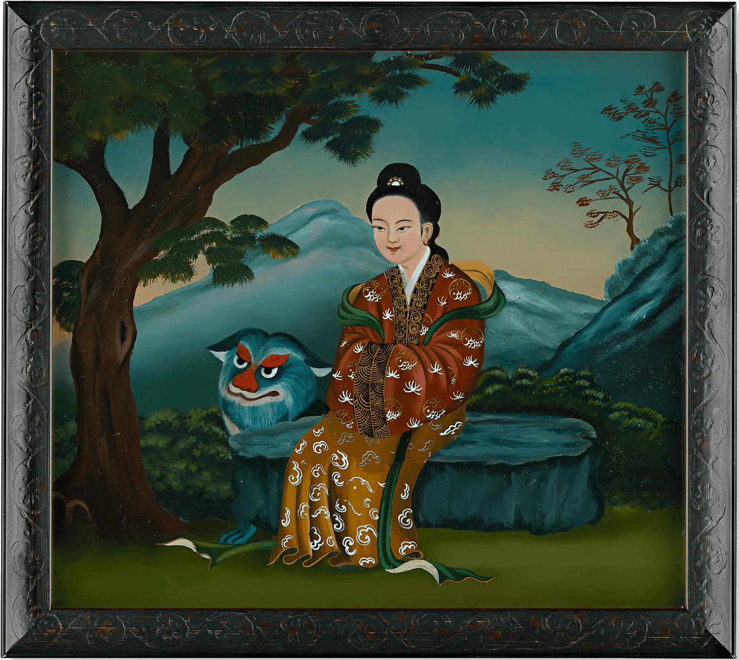 Qing Dynasty Reverse Glass Work - Seated Figure with Blue Creature