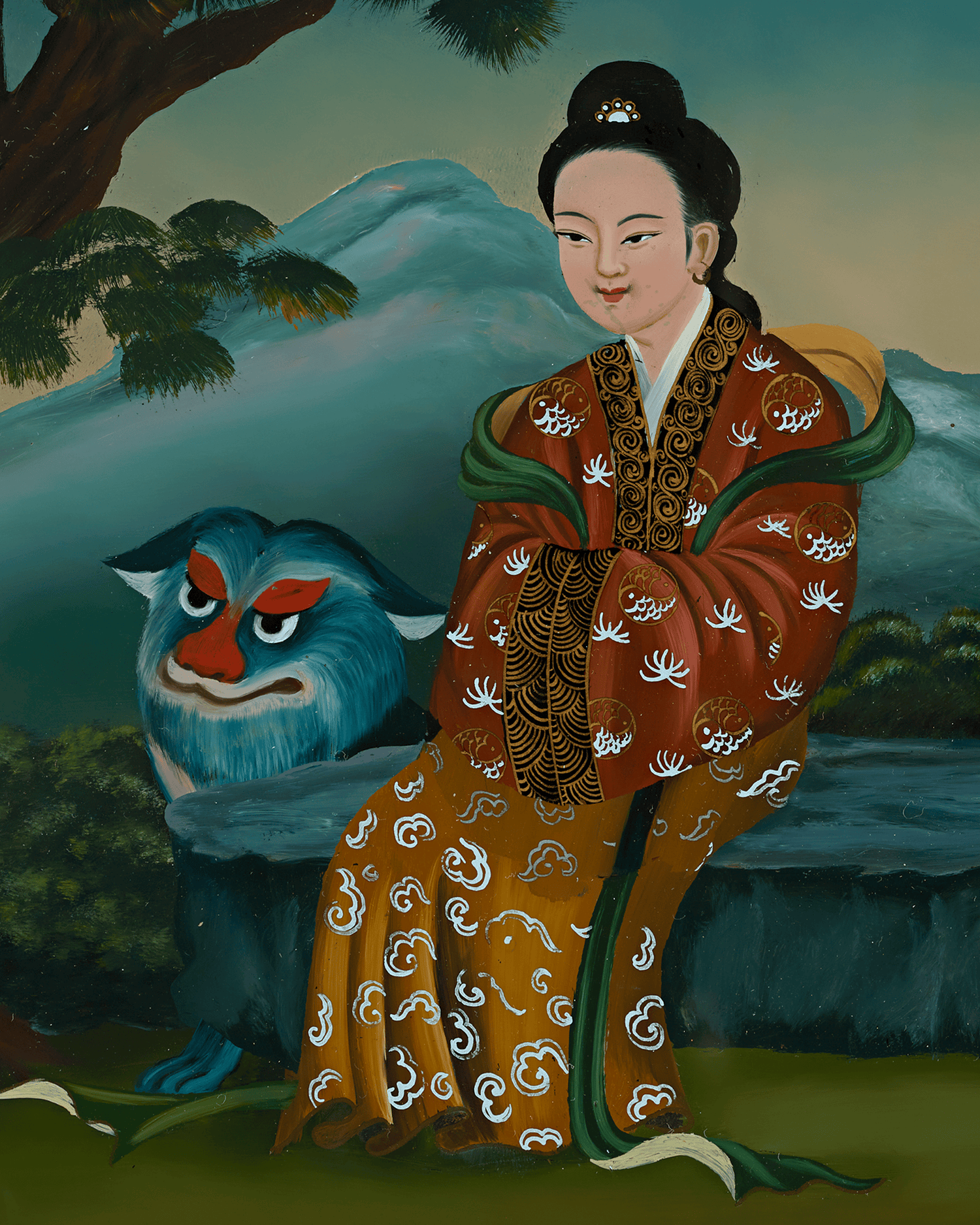 Qing Dynasty Reverse Glass Work - Seated Figure with Blue Creature