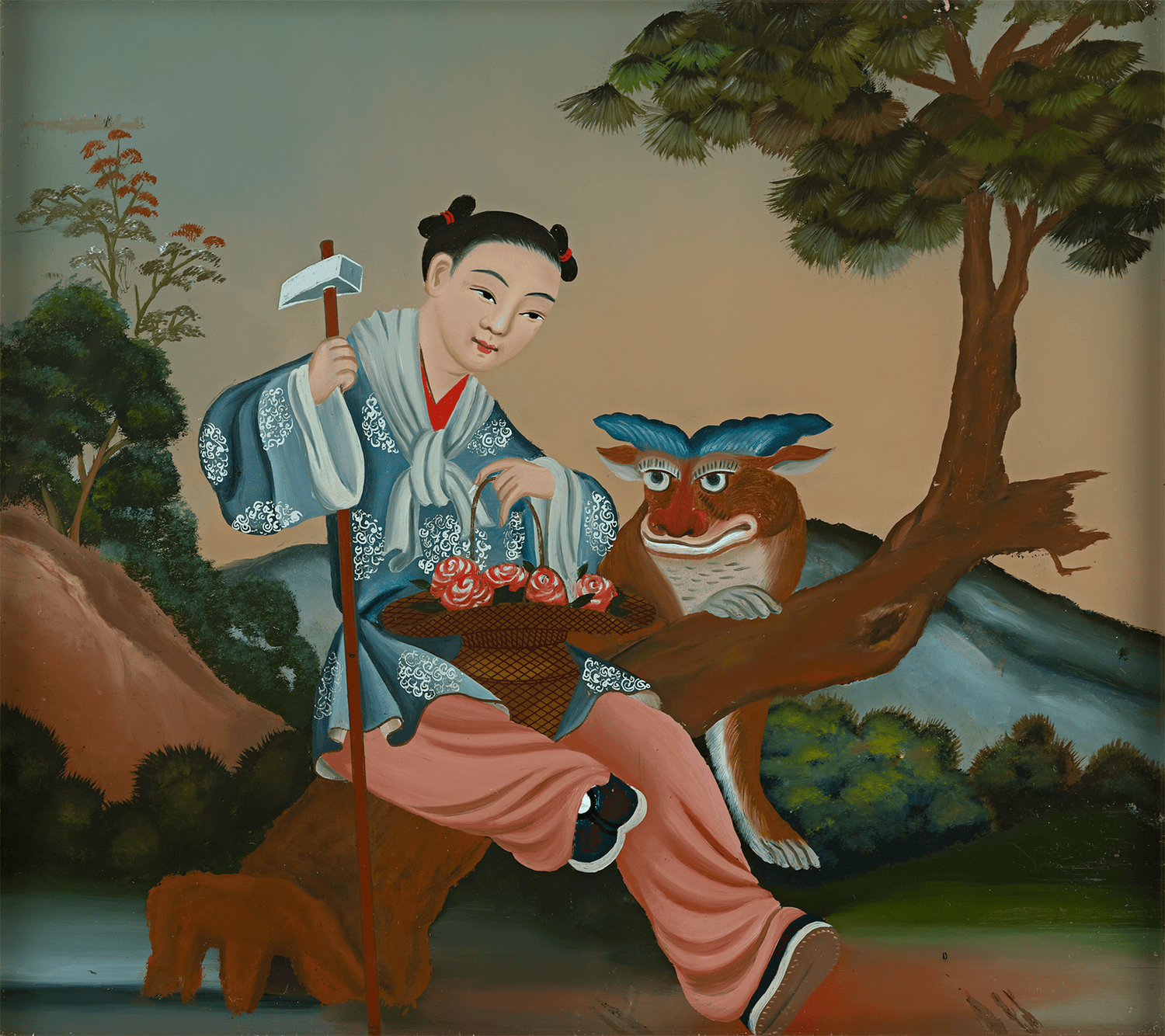 Qing Dynasty Reverse Glass Work - Seated Figure with Brown Creature