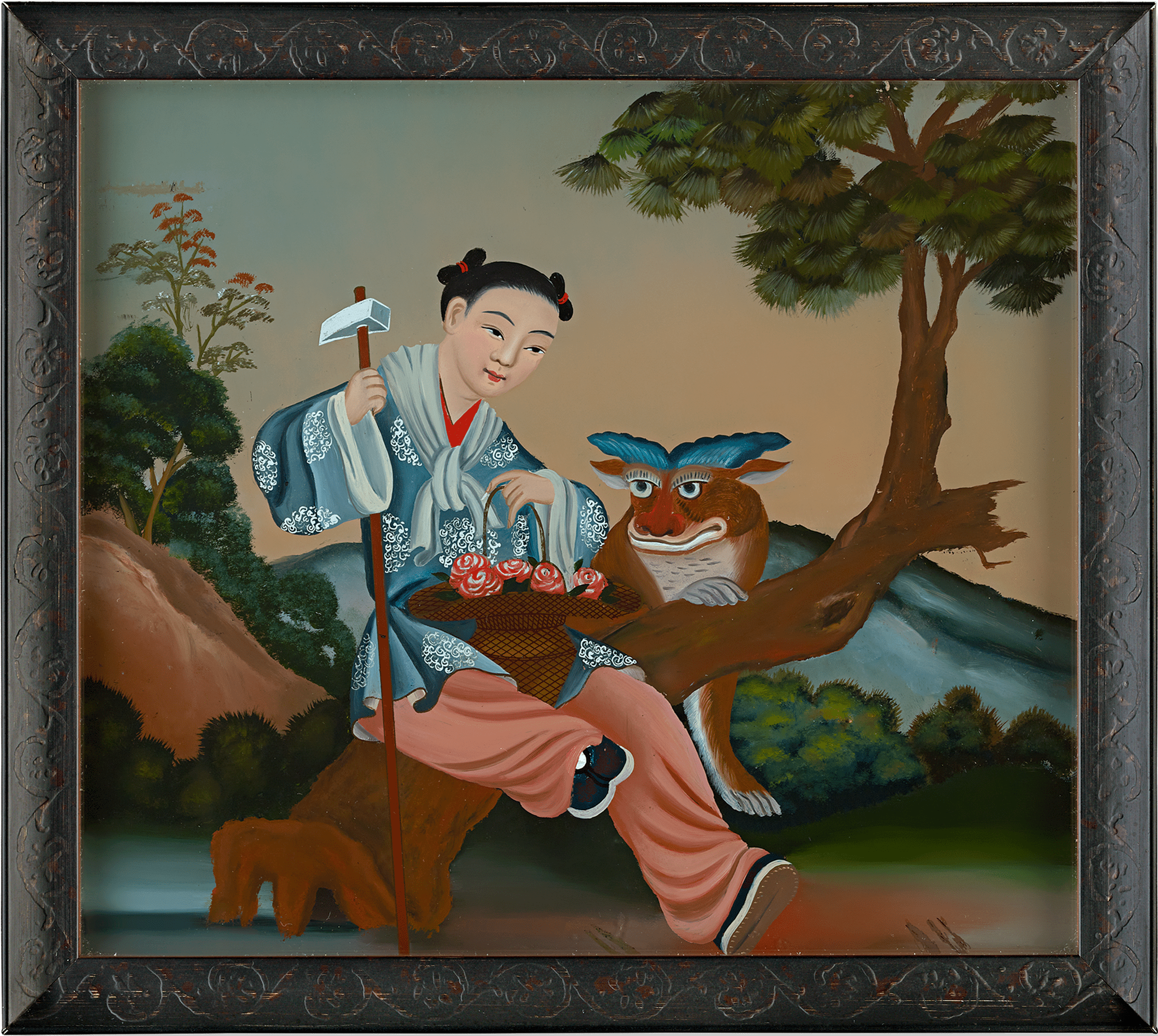 Qing Dynasty Reverse Glass Work - Seated Figure with Brown Creature