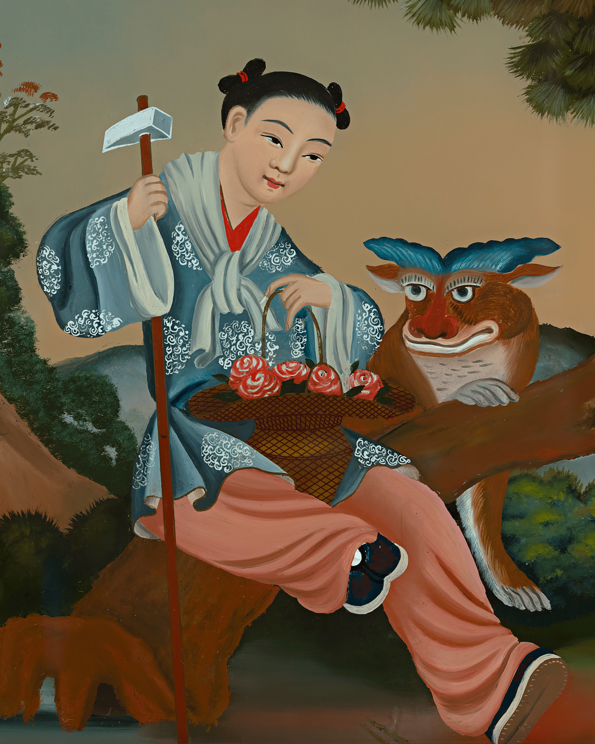 Qing Dynasty Reverse Glass Work - Seated Figure with Brown Creature