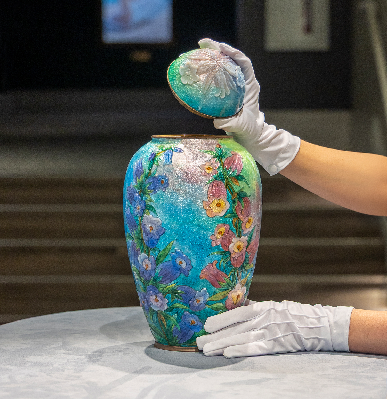 Blue & Pink Canterbury Bell Vase with Cover by Camille Fauré