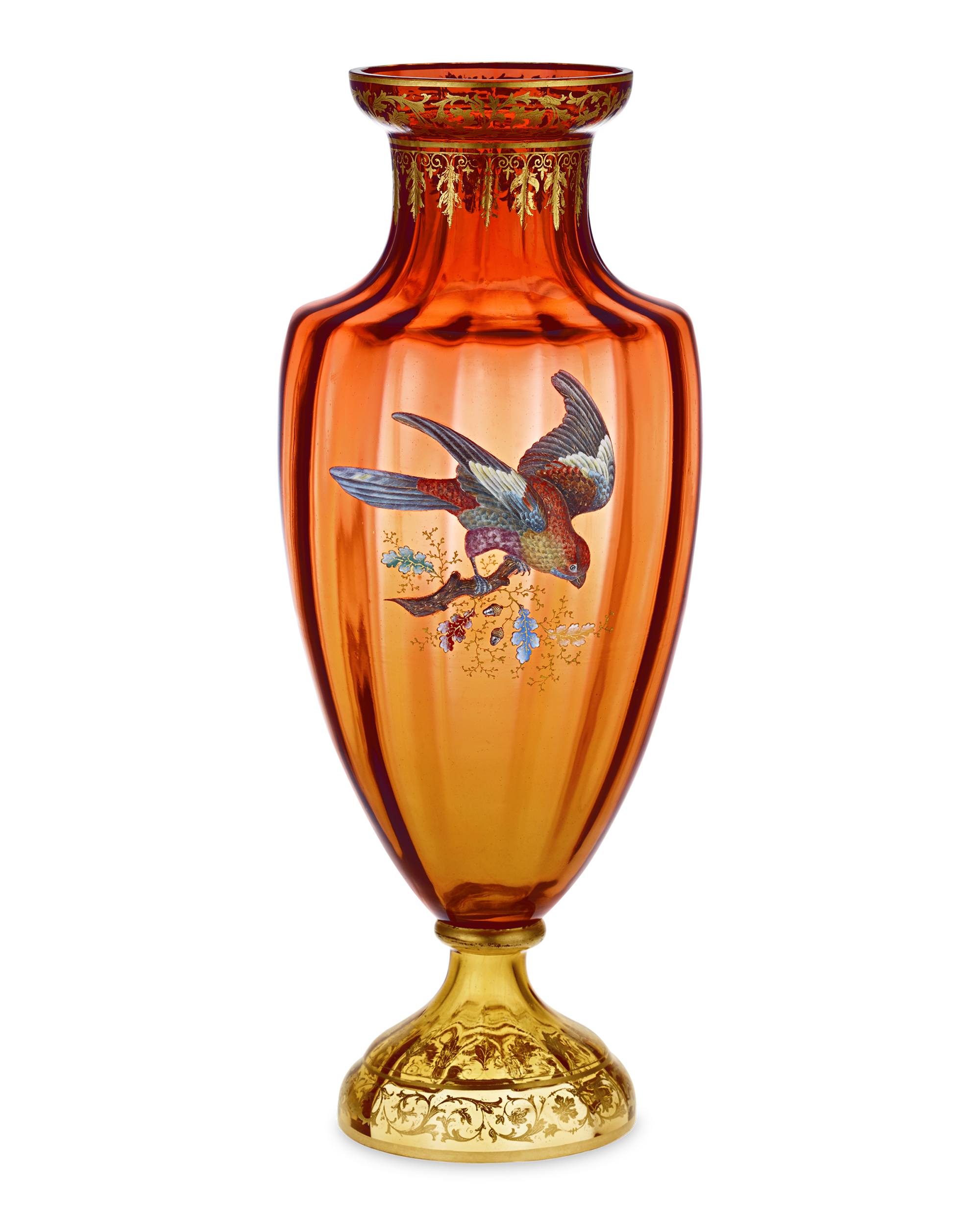 Moser Vase with Gilt and Enamel Bird