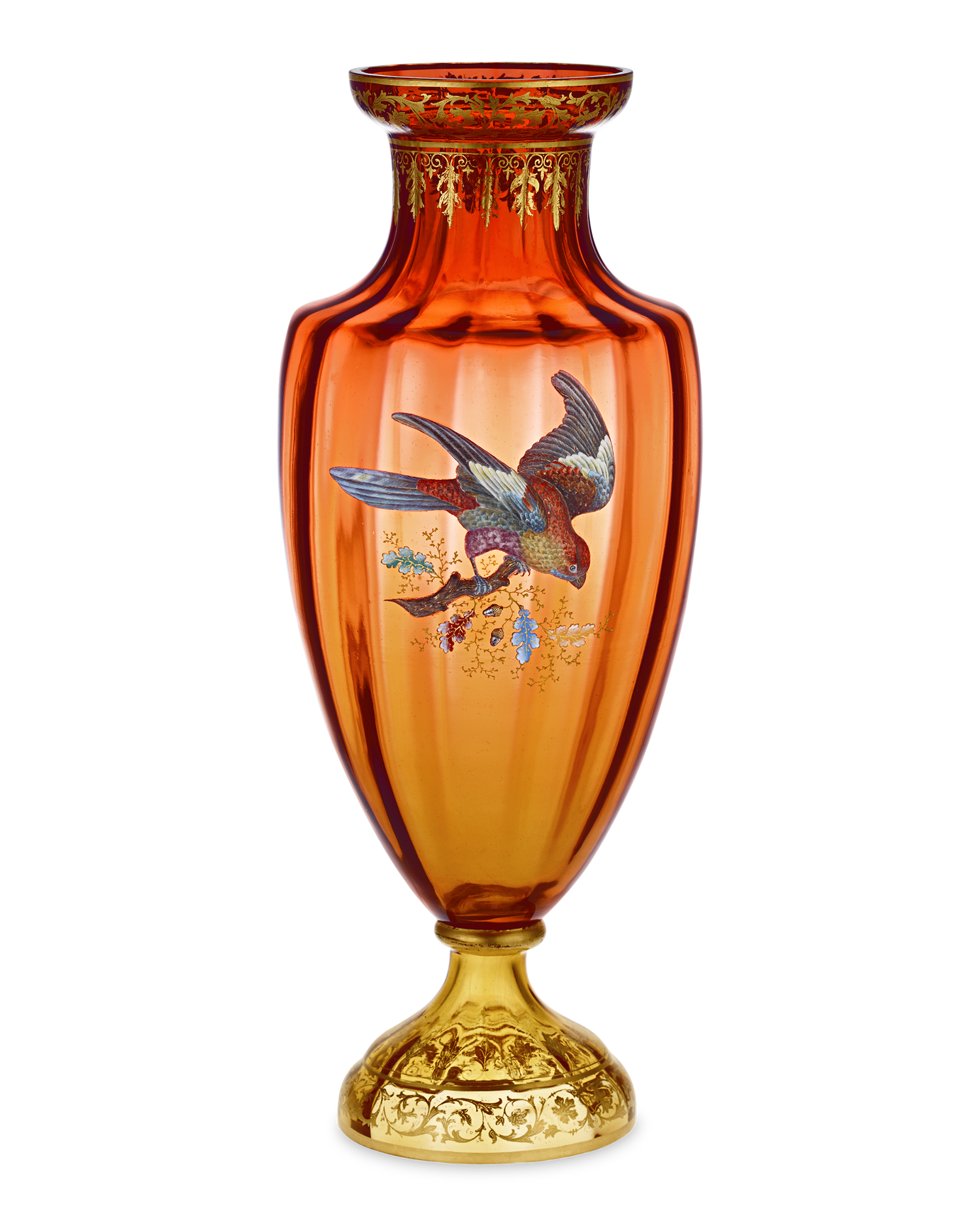 Moser Vase with Gilt and Enamel Bird