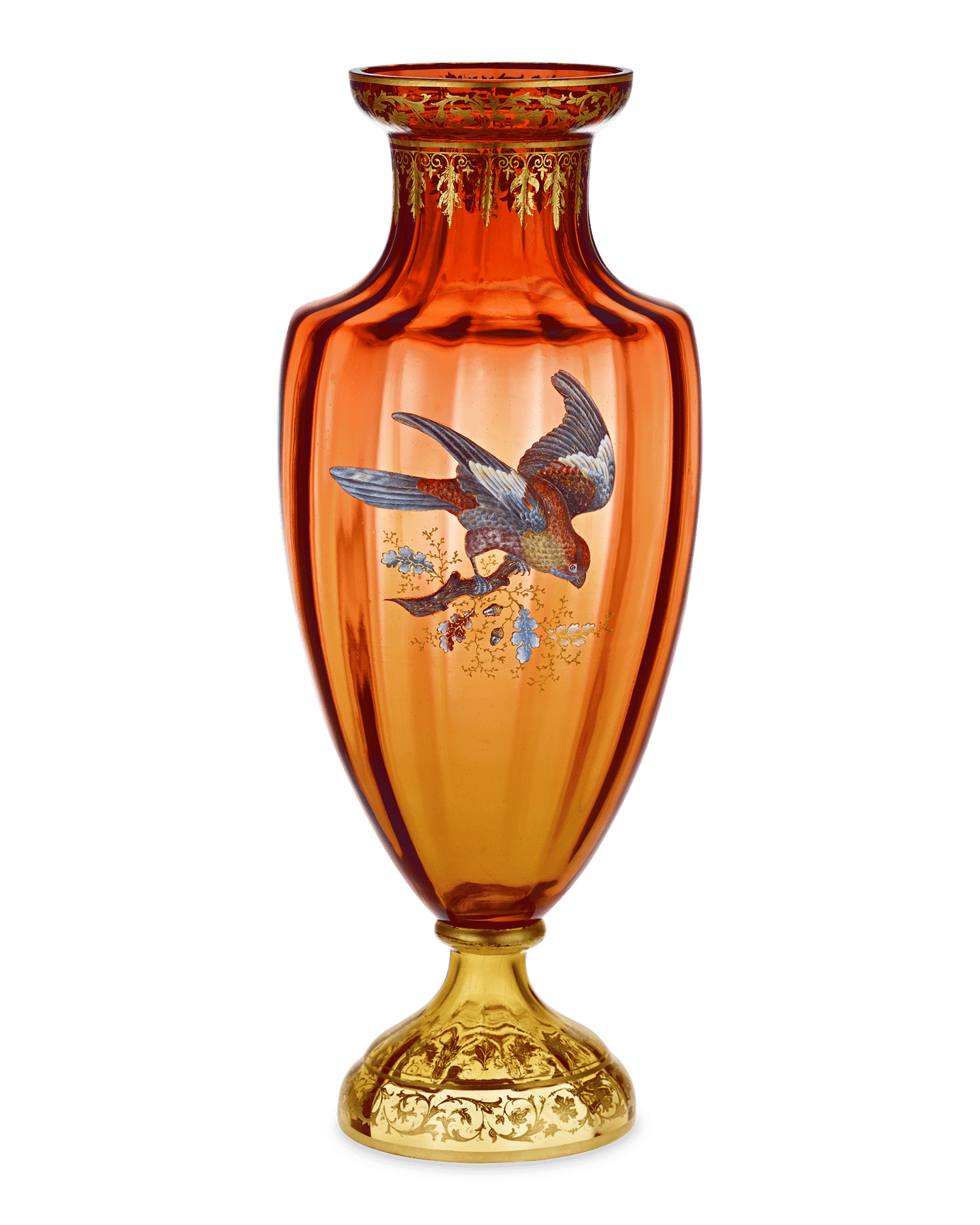 Moser Vase with Gilt and Enamel Bird