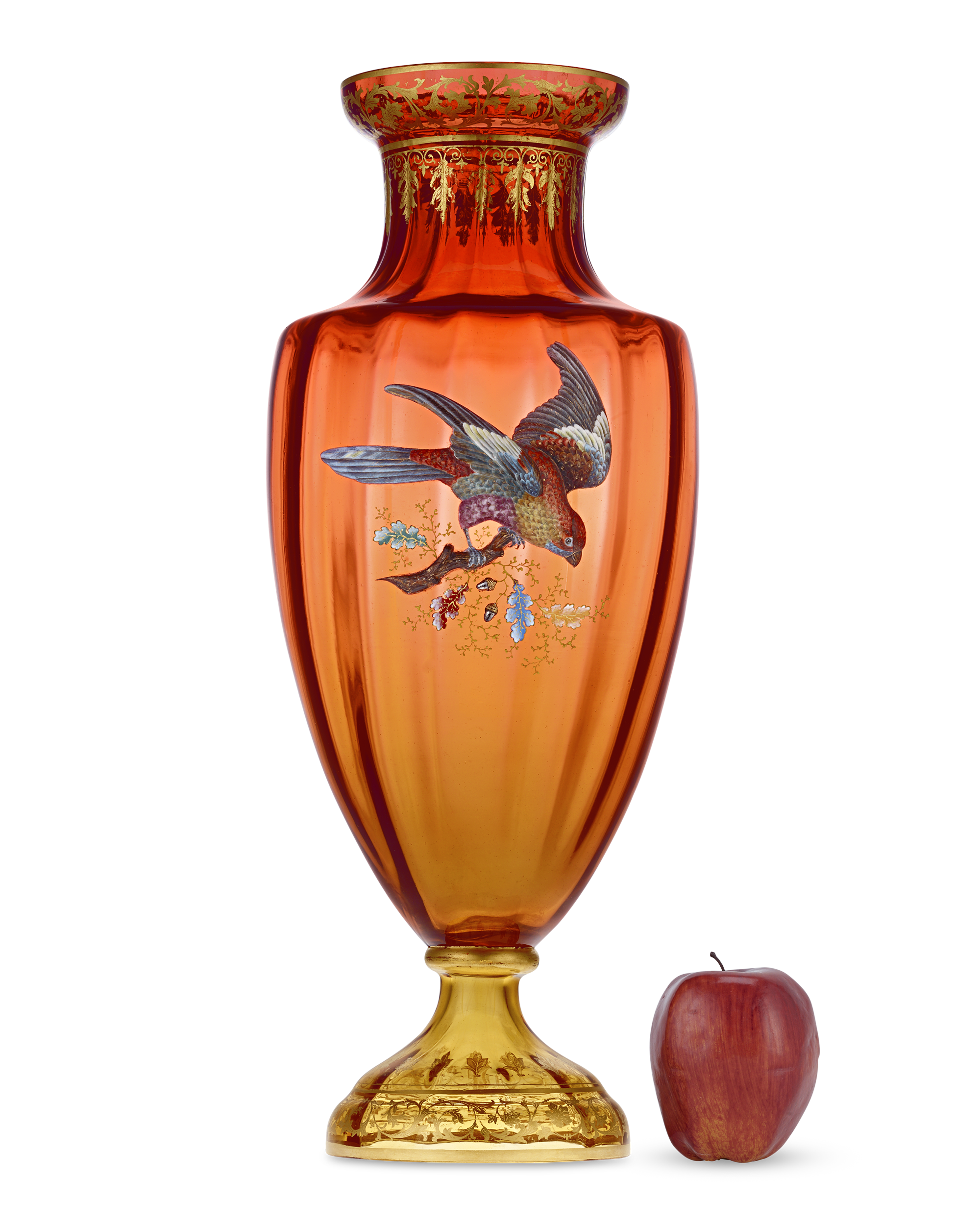 Moser Vase with Gilt and Enamel Bird