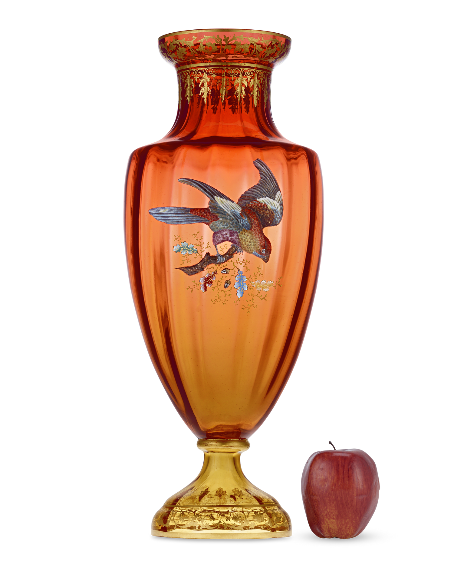 Moser Vase with Gilt and Enamel Bird