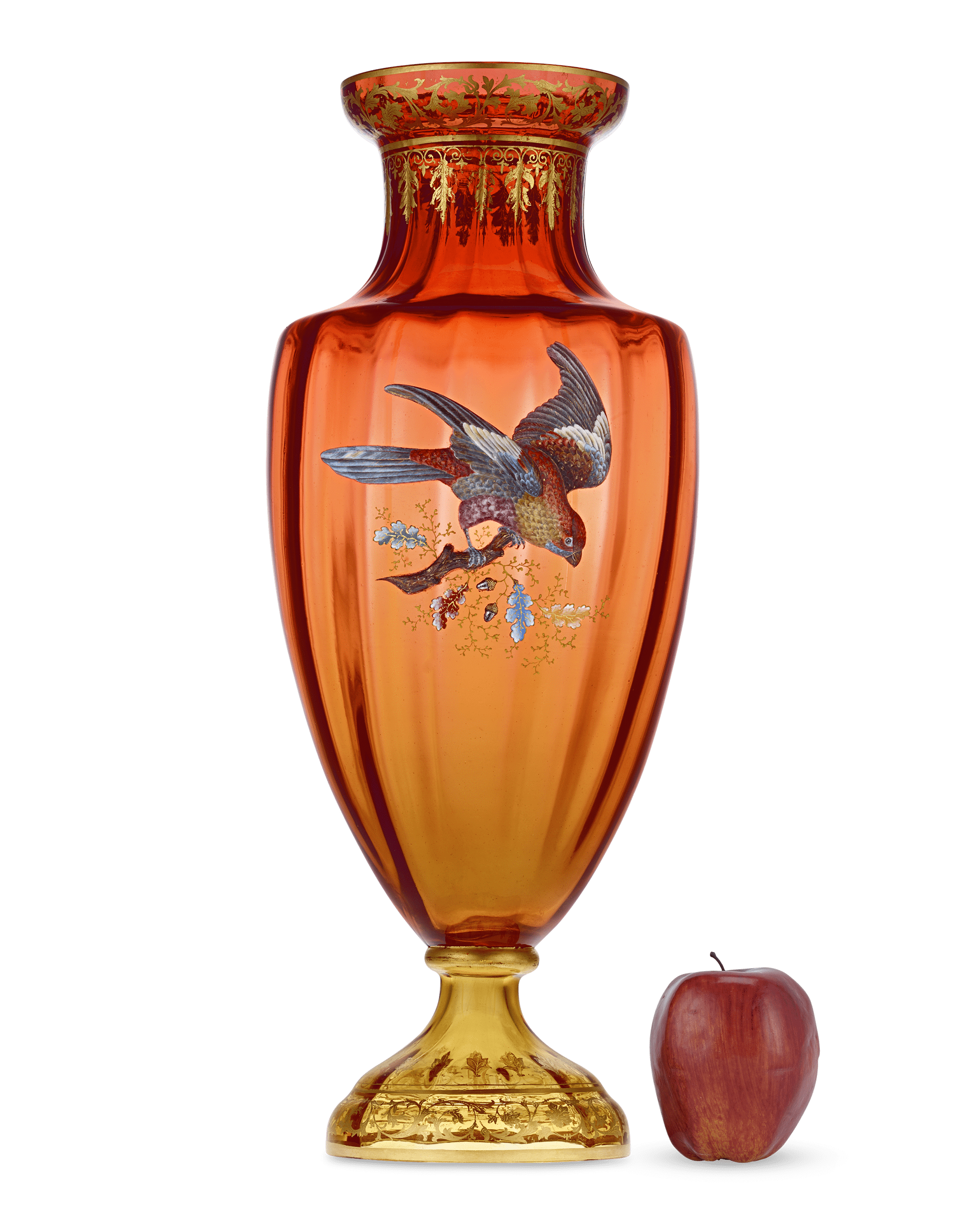 Moser Vase with Gilt and Enamel Bird