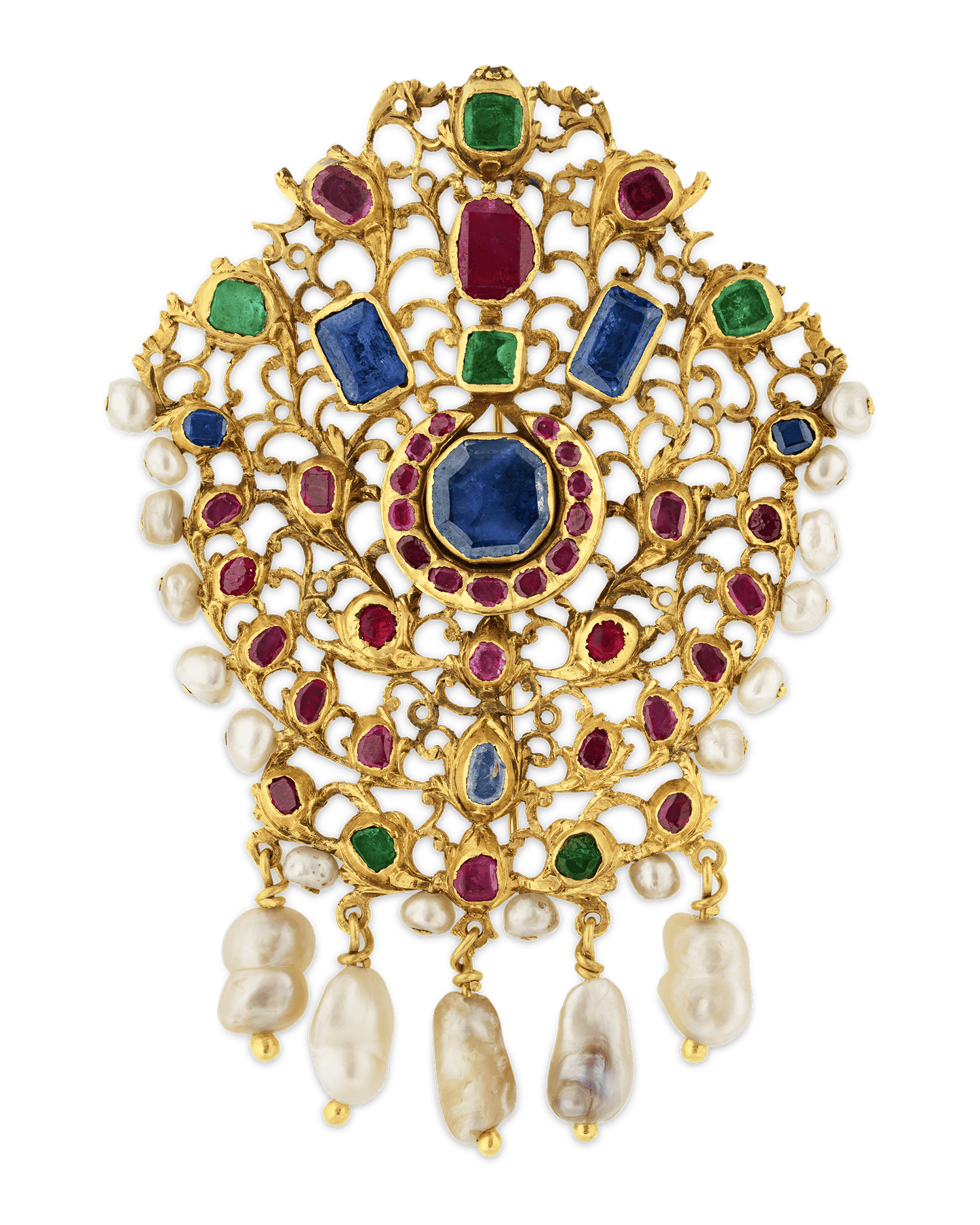 Mughal Colored Gemstone and Pearl Pendant Brooch