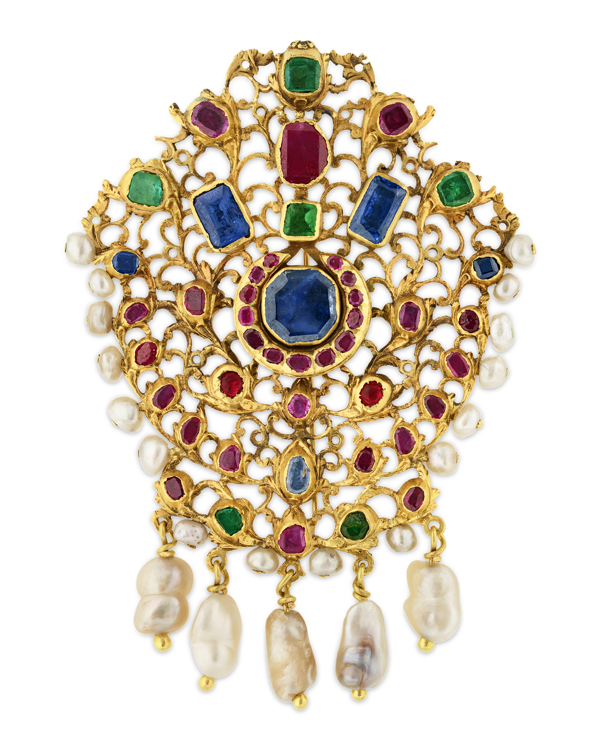 Mughal Colored Gemstone and Pearl Pendant Brooch