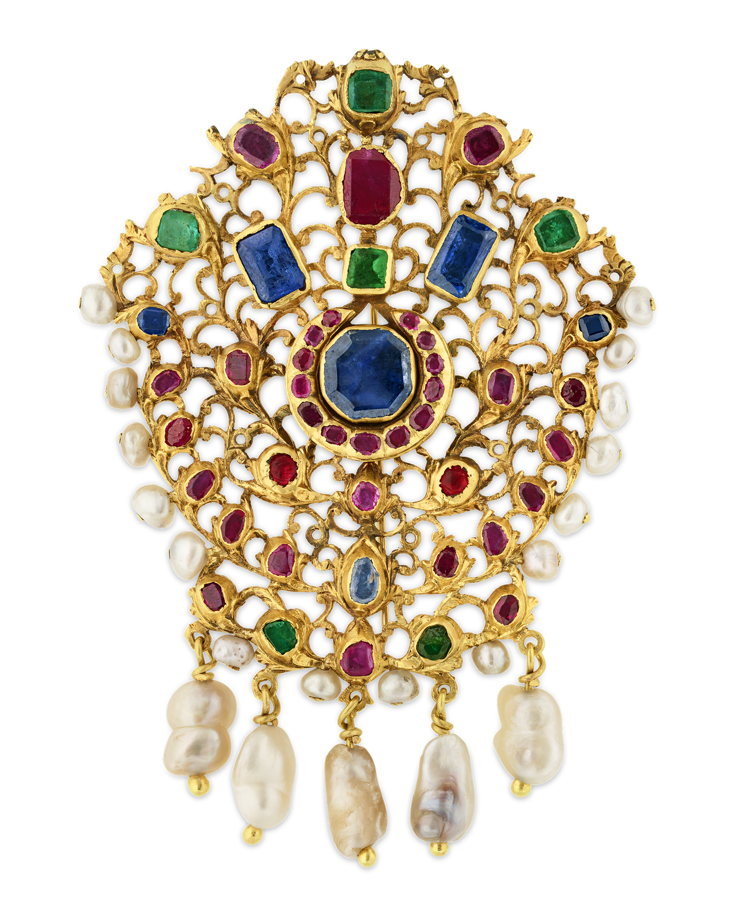 Mughal Colored Gemstone and Pearl Pendant Brooch