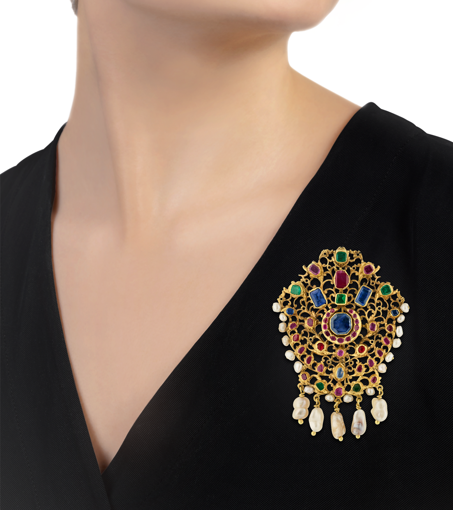 Mughal Colored Gemstone and Pearl Pendant Brooch