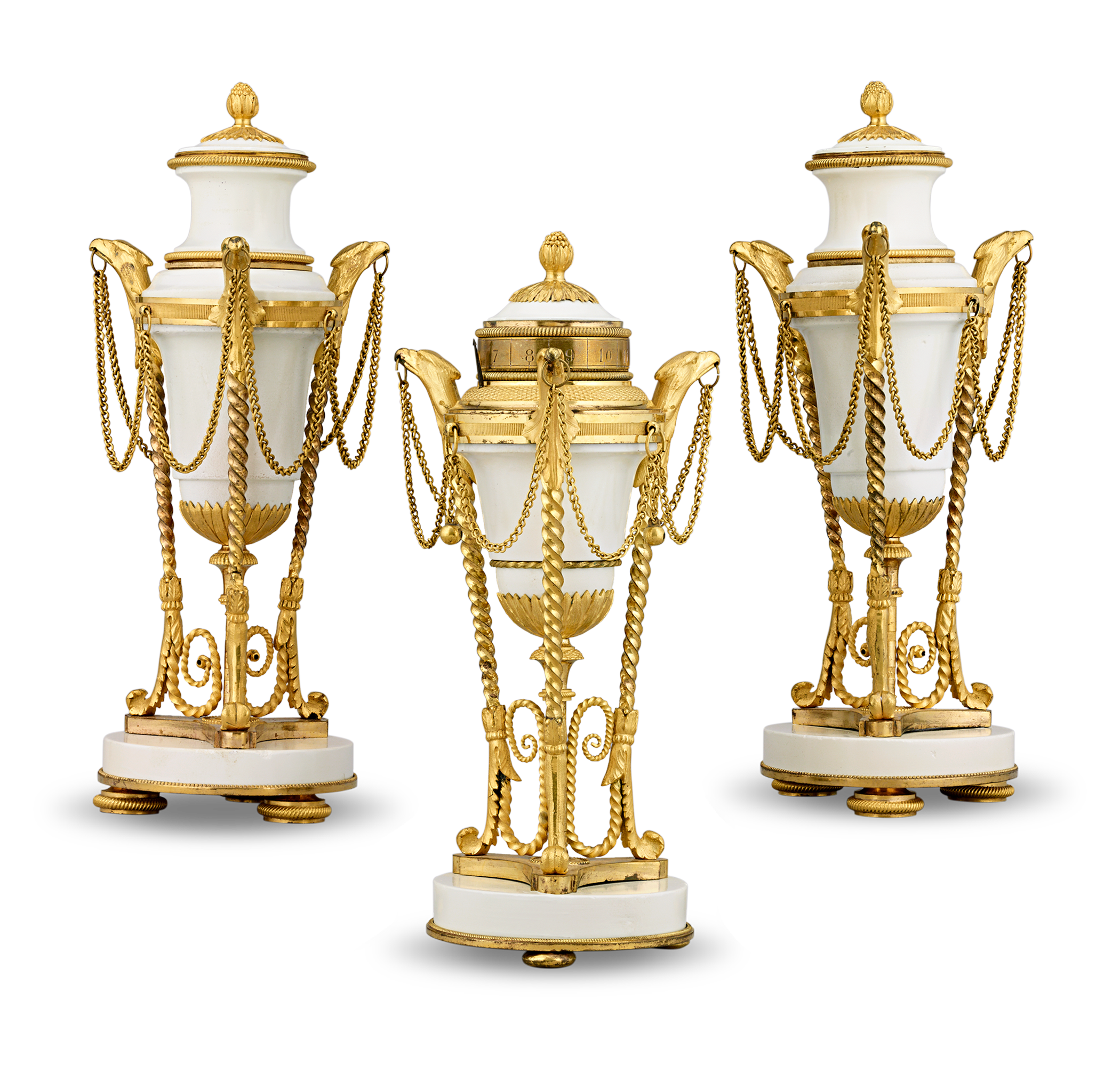 Louis XVI Gilt Marble Cassolettes and Clock