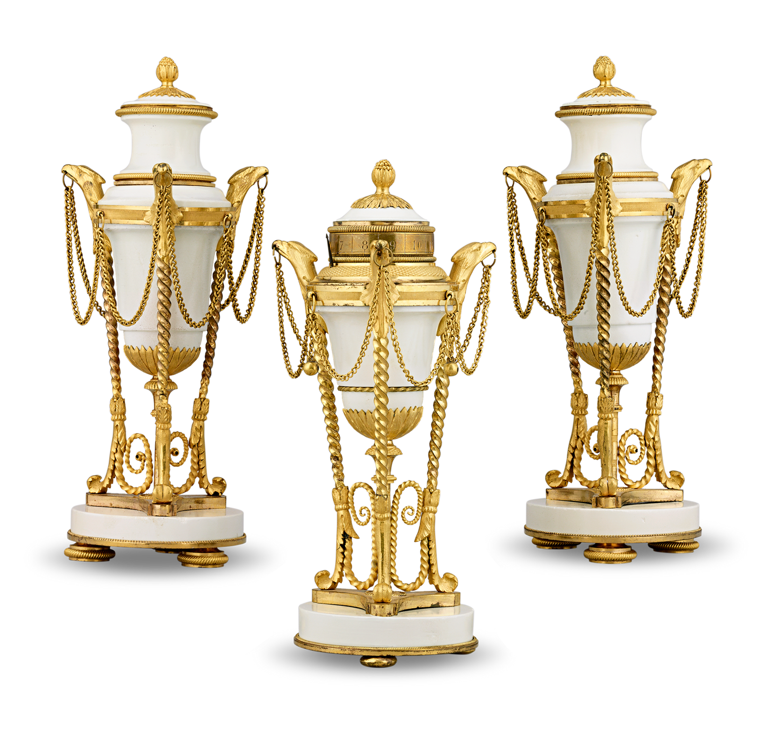 Louis XVI Gilt Marble Cassolettes and Clock