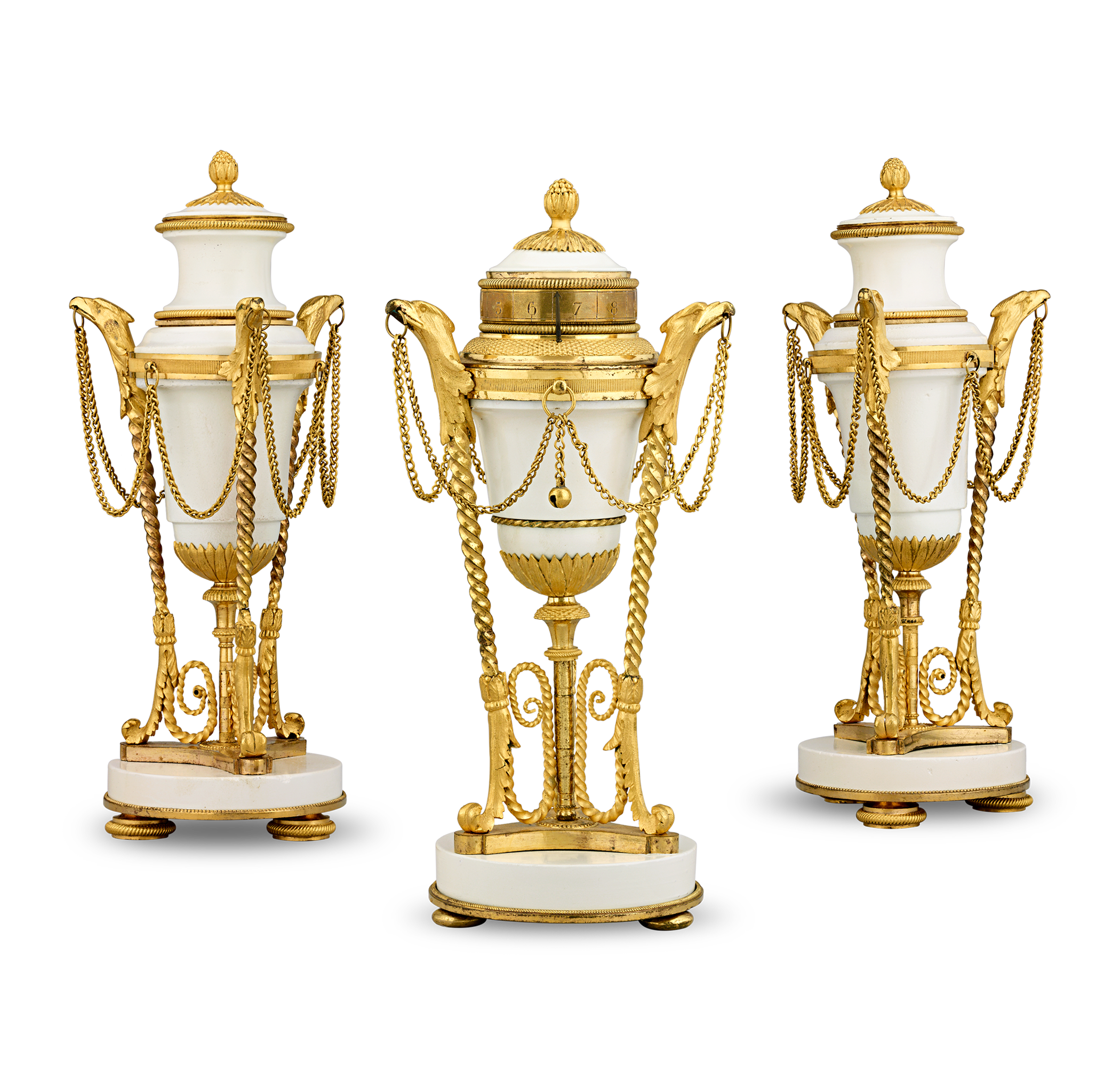 Louis XVI Gilt Marble Cassolettes and Clock