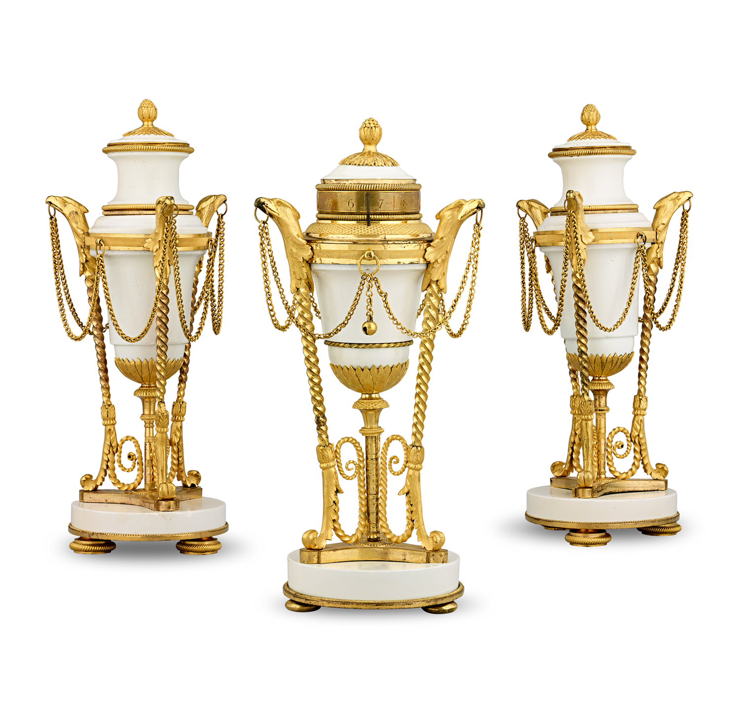 Louis XVI Style Gilt Marble Cassolettes and Clock