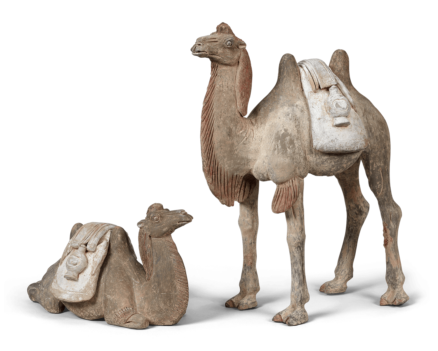 Pair of Tang Dynasty Camels Standing and Sitting