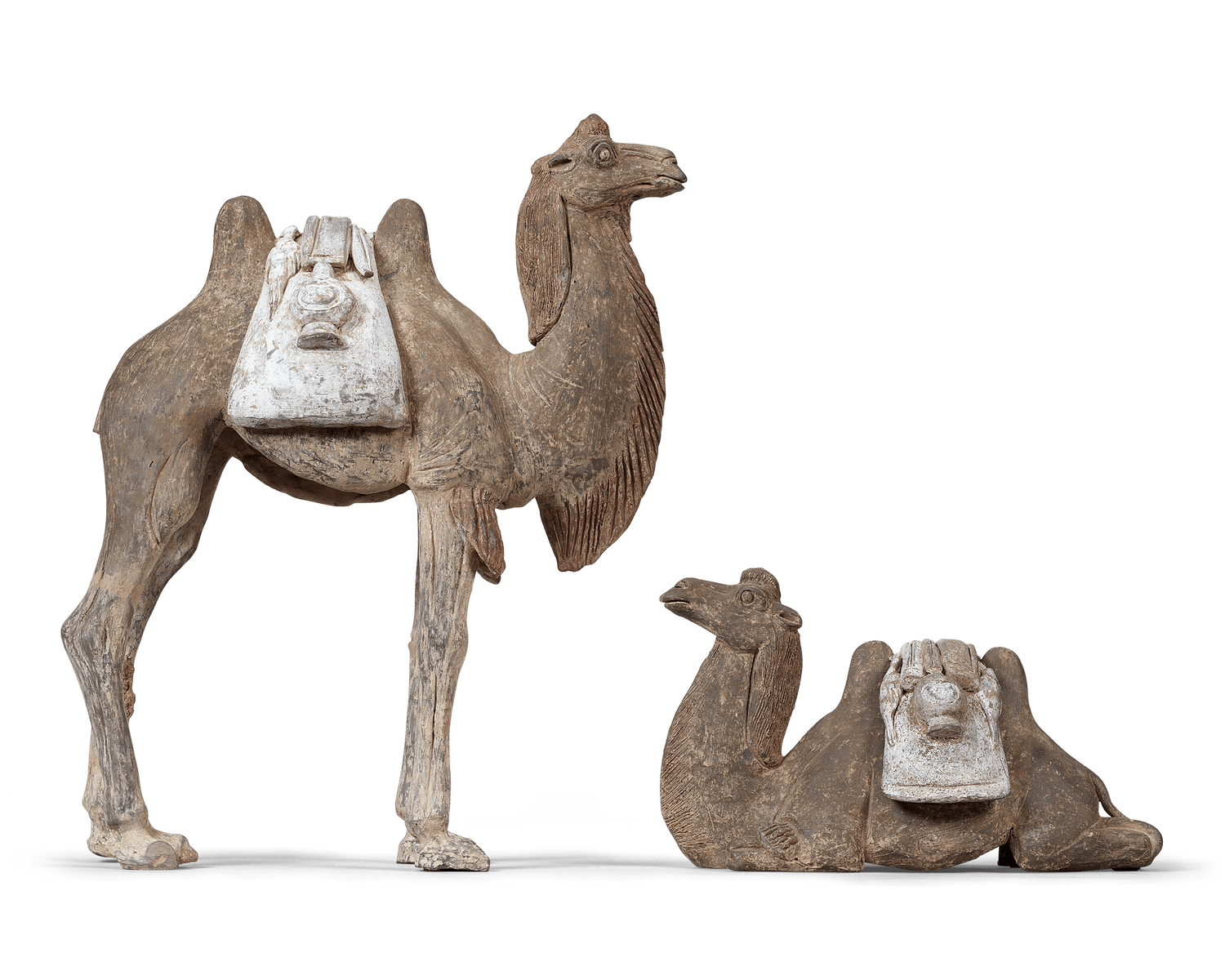 Pair of Tang Dynasty Camels Standing and Sitting